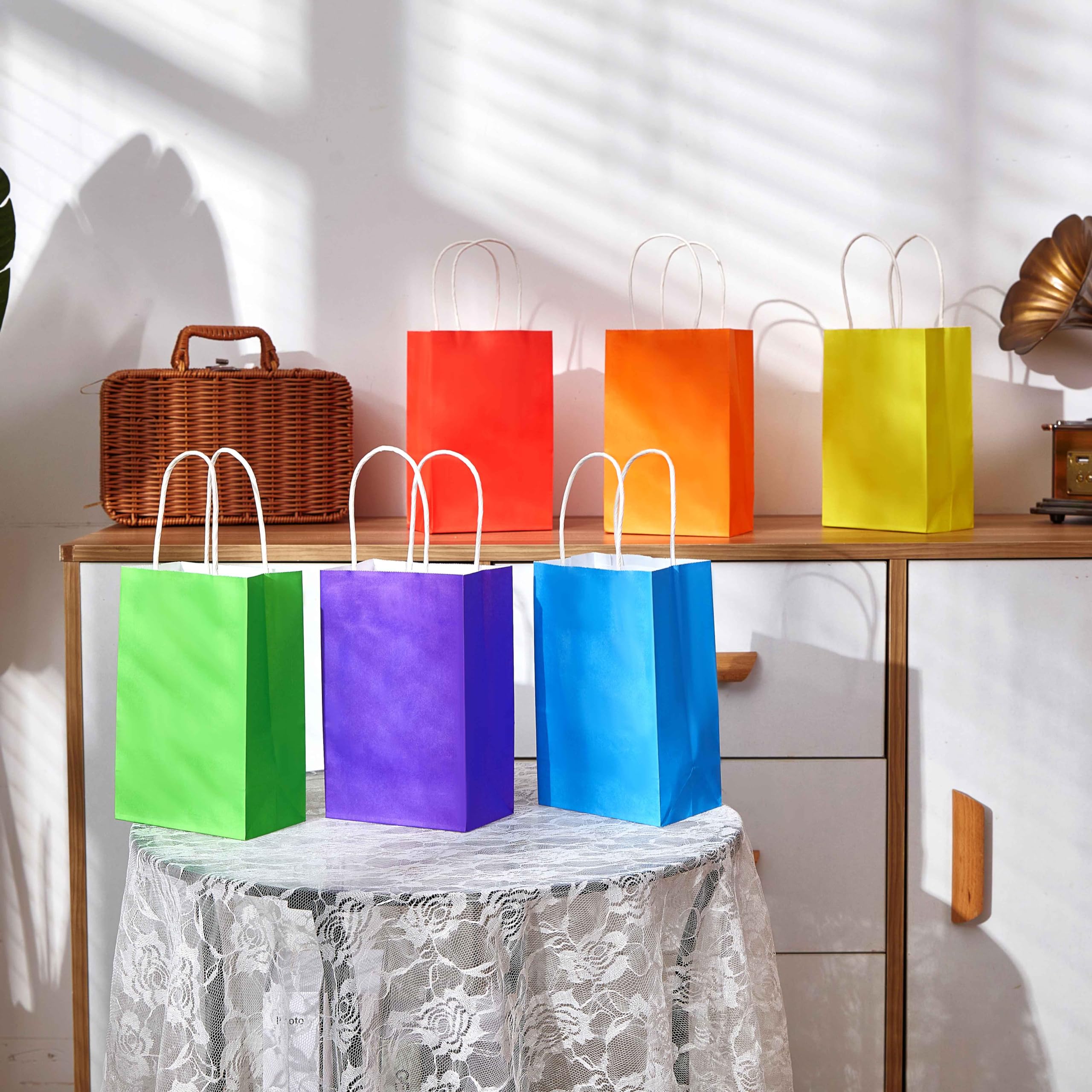 SUNCOLOR 24 Pieces 8" Rainbow Goodie Bags Small Gift Bags with Handle for Party Favor Bags (Rainbow)