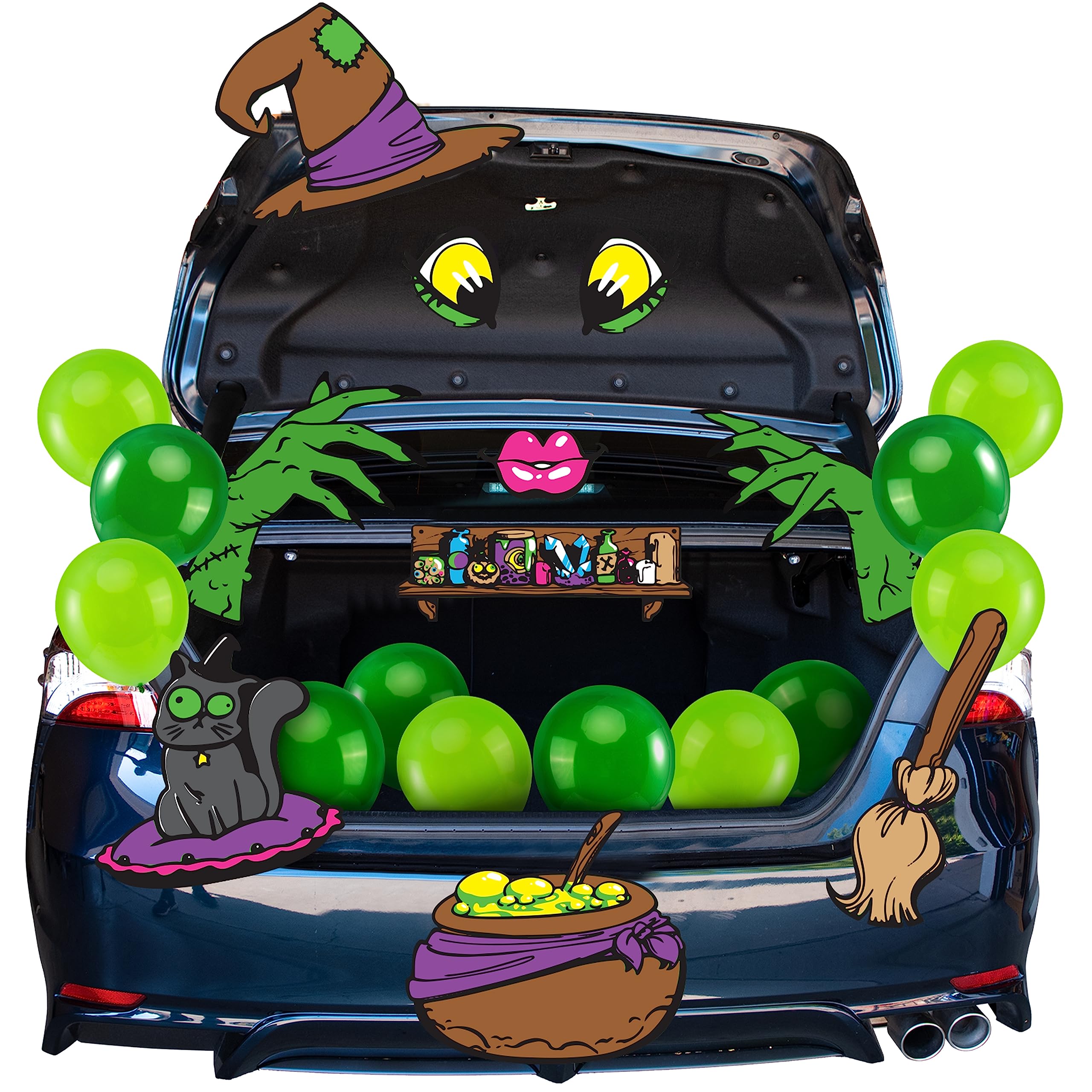 JOYIN Halloween Witch Trunk or Treat Car Decorations Kit for SUV, Witch hat Balloons Cauldron Witch Broom Black Cat Car Stickers Vehicle Van Garage Door Entryway Archway Halloween Decorations Outside