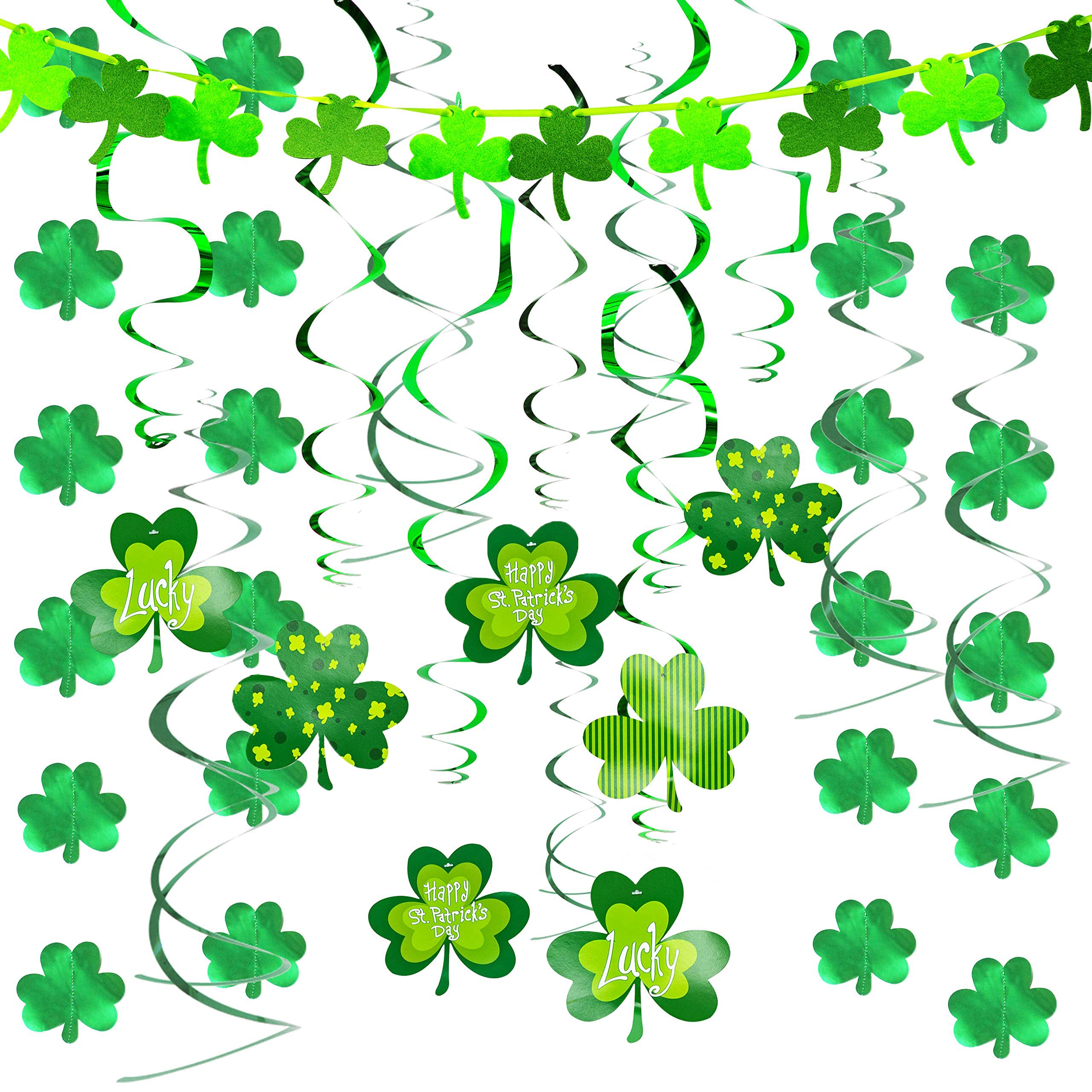 JOYIN 27 Pcs St. Patrick's Day Decoration with Irish Saint Patricks Green Shamrock Foil Strings, Hanging Swirls with Garland. Ceiling Hanging and Wall Decor