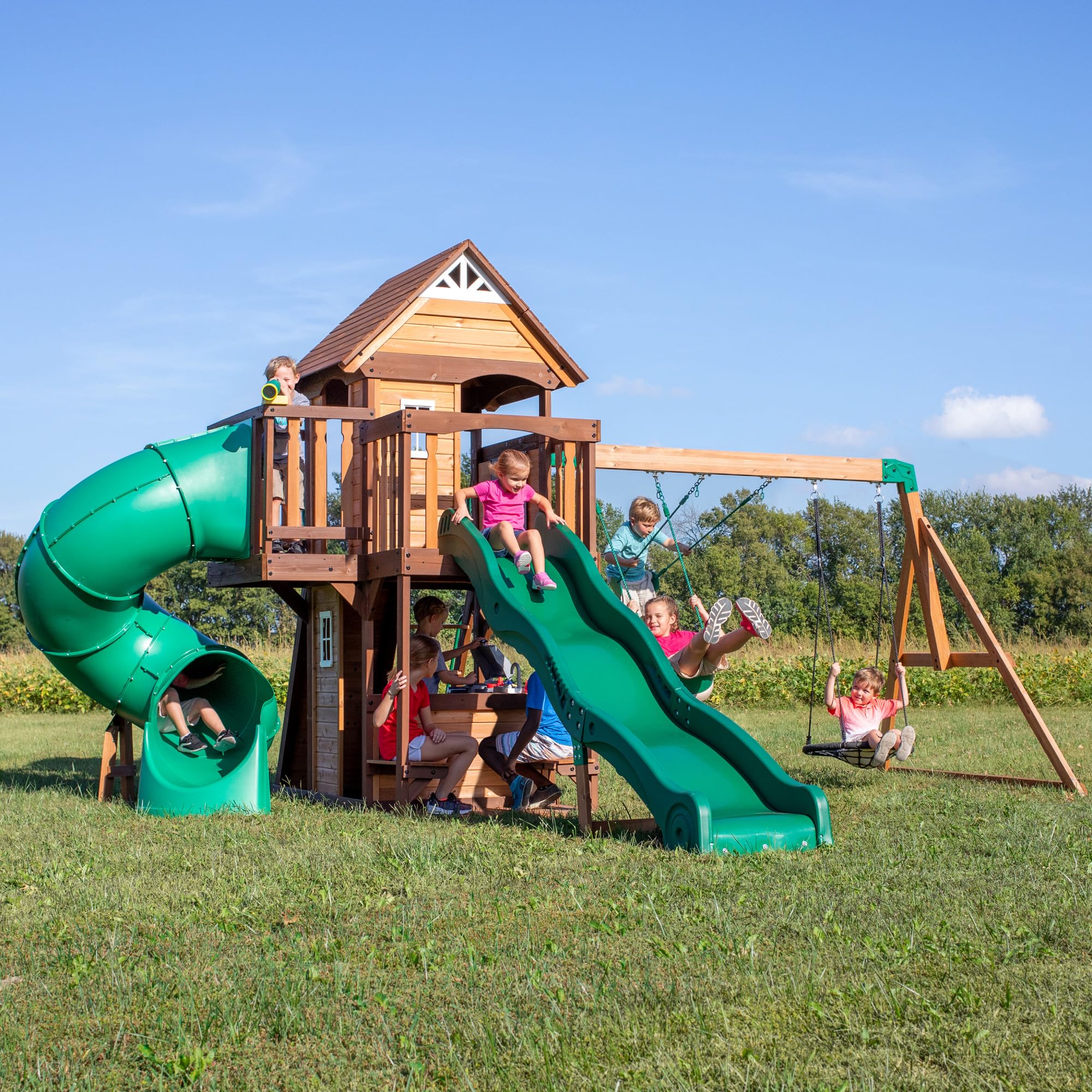 Backyard Discovery, Cedar Cove Wood Swing Set, Playground Fort, Chalkboard, Telescope, Dual Slide, Kitchenette, Wide Swing Lanes, 5ft Rock Wall, Step Ladder
