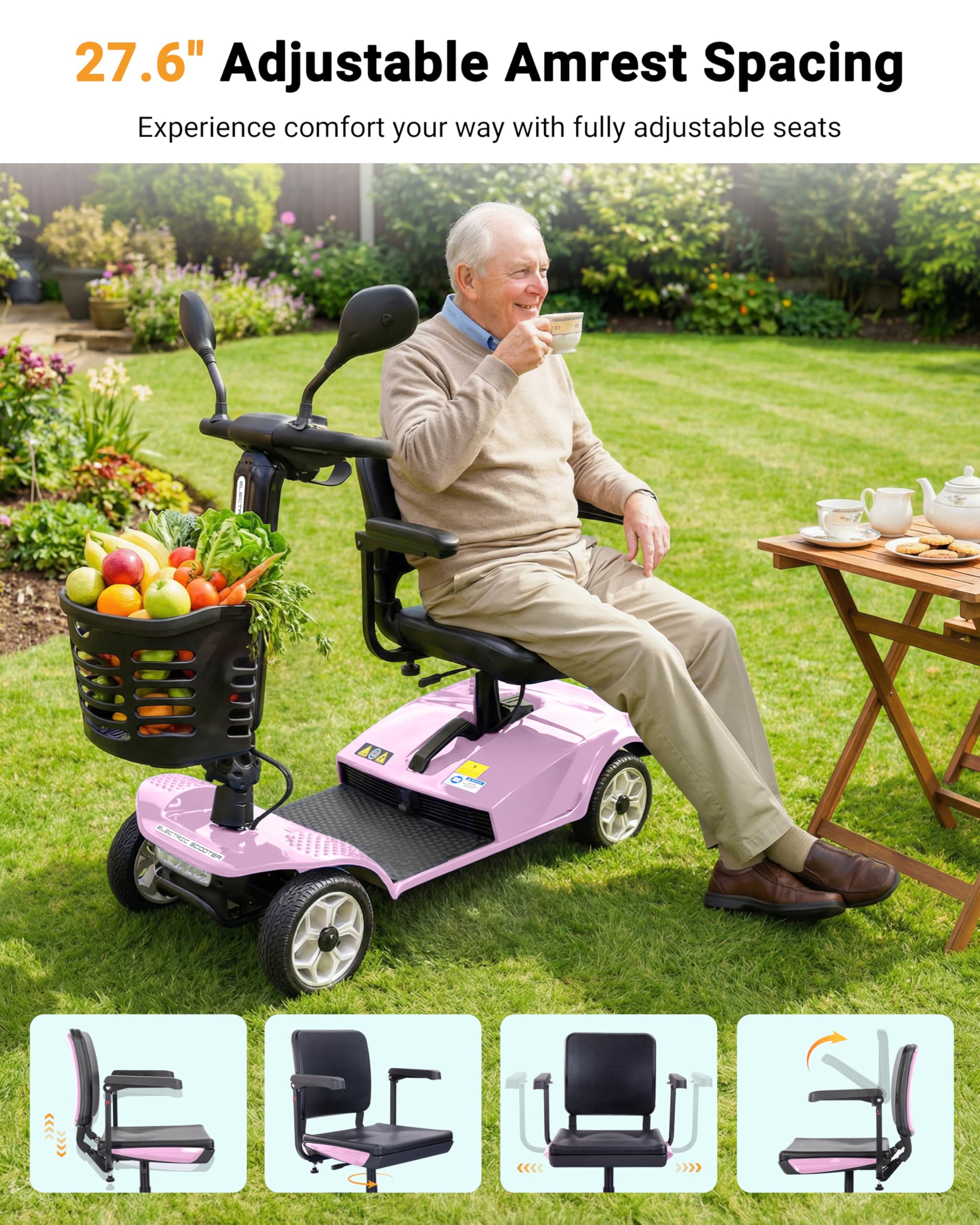 4 Wheel Mobility Scooter 400 LB Capacity, Heavy Duty Electric Scooter for Adults with Adjustable Seat & 27.6” Armrest Spacing, Powered Mobility scooters for Commuting Community & Outdoor Camping, Pink