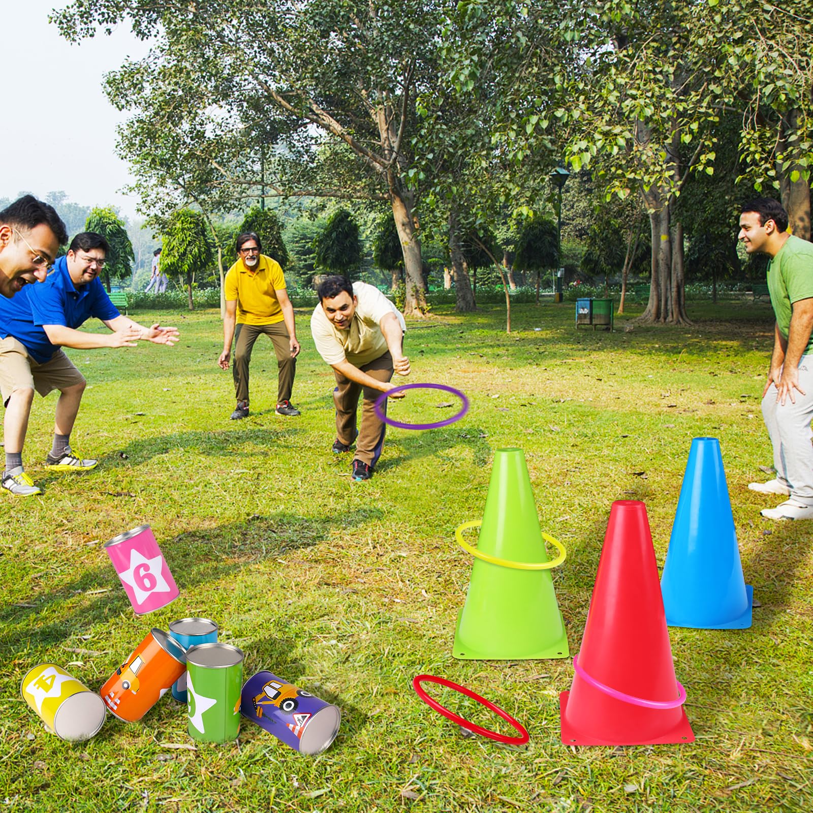 36 Pack Carnival Games Set, 4 in 1 Construction Truck Cans Soft Plastic Cones Cornhole Bean Bags Ring Toss Games Combo for Kids Adults Carnival Birthday Party School Indoor Outdoor Games Supplies