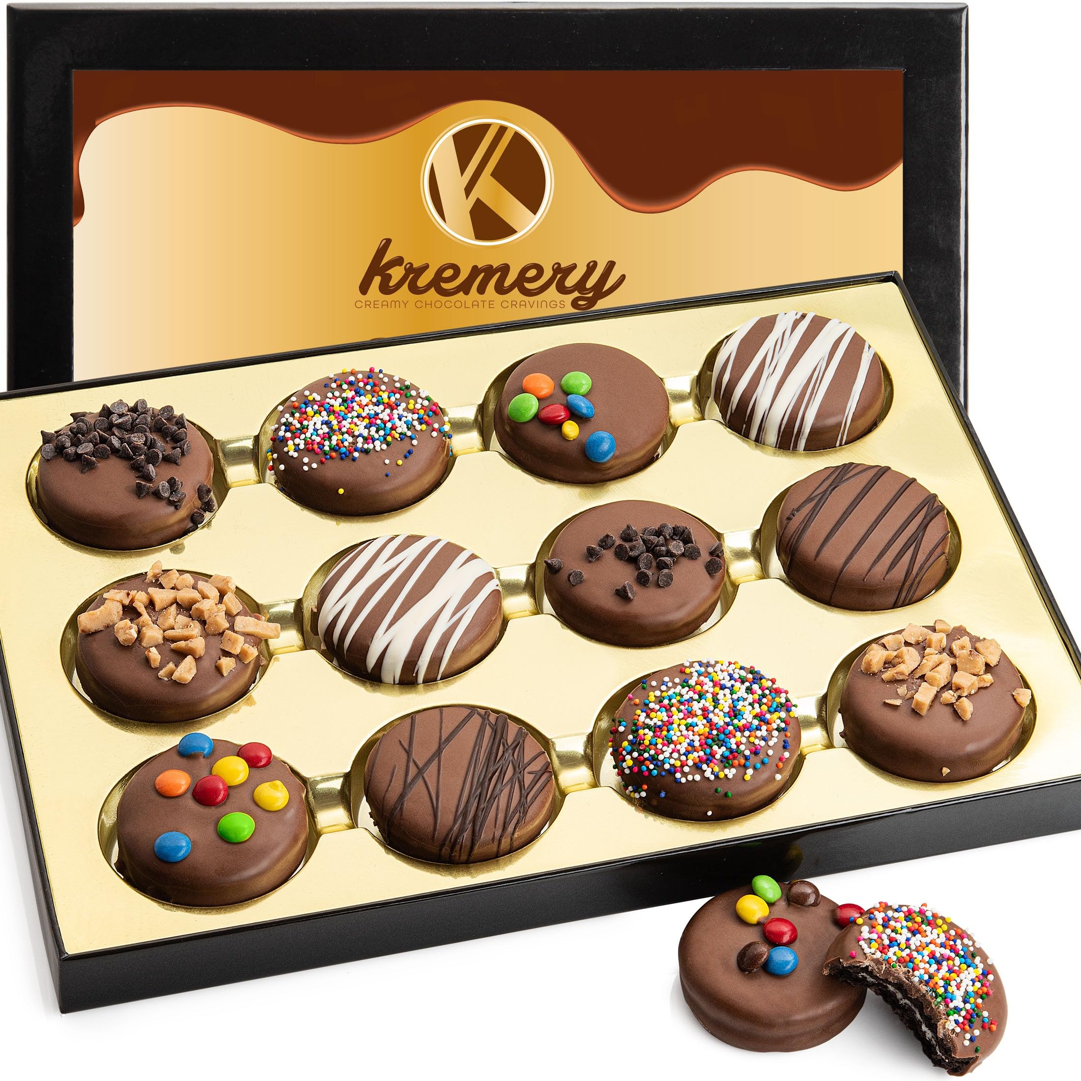 KREMERY Creamy Chocolate Cravings - Holiday Christmas Chocolate Covered Sandwich Cookies And Cream Gift Basket (12 Count) Xmas Kwanzaa Birthday Sweet Treats - Assorted Candy Toppings - Kosher Dairy