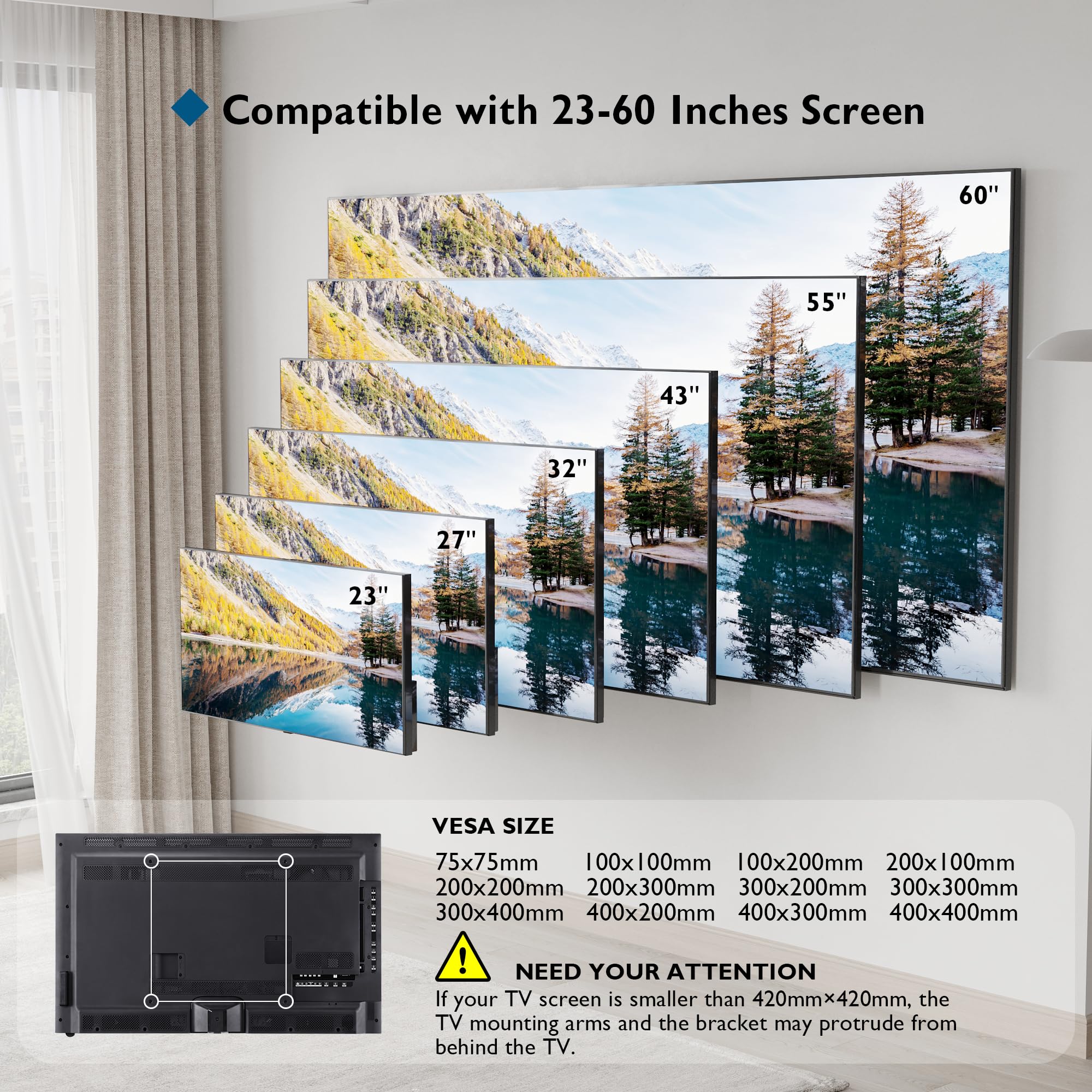 BONTEC Low Profile Tilt TV Wall Mount for 23-60 inch LCD LED OLED TVs, Ultra Slim TV Wall Bracket Loading Capacity 99LBS, Max.VESA 400x400mm, Fits 16" Studs