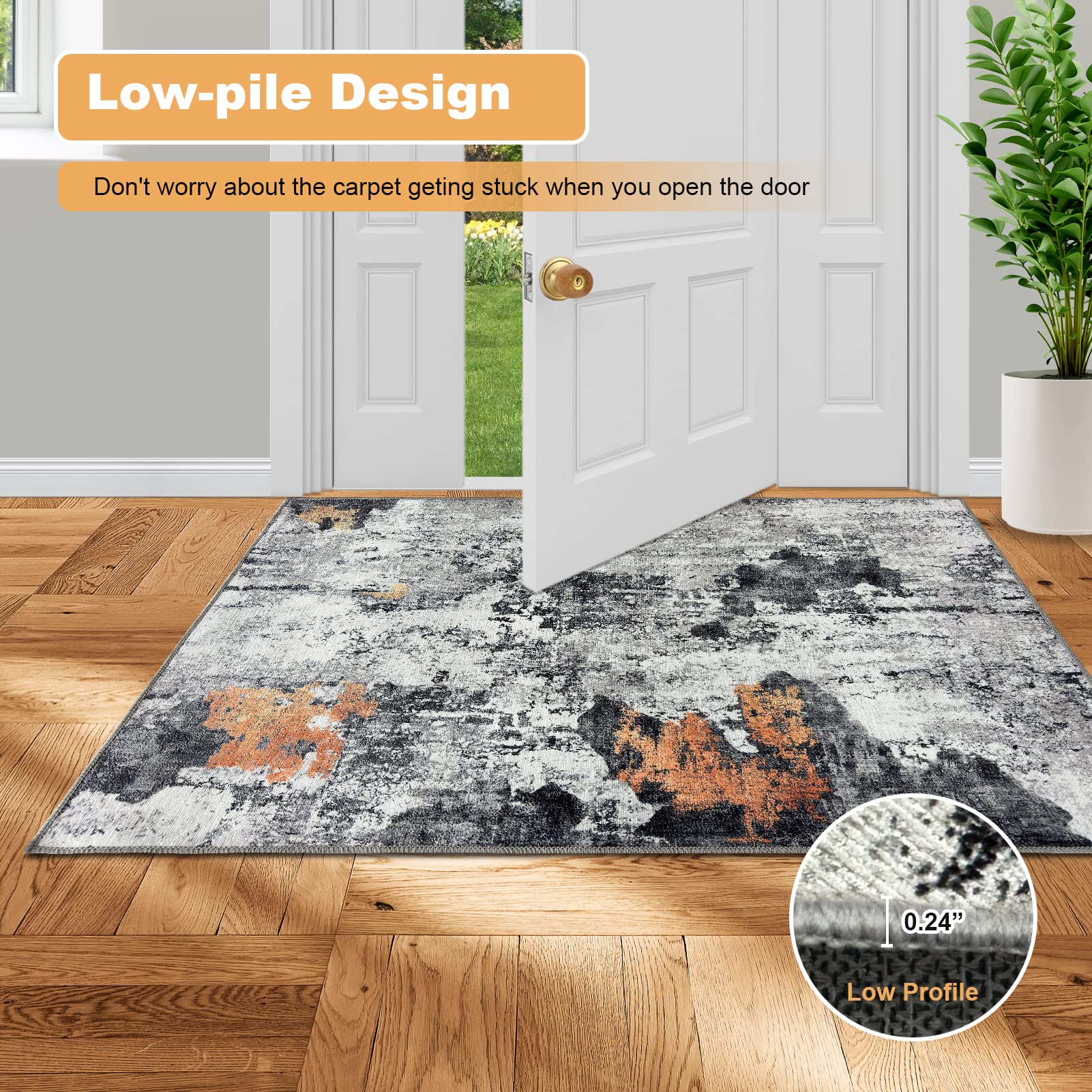 OIGAE Washable Rug 2x3, Abstract Modern Small Entryway Rug Door Mat with Non-Slip Backing, Front Entrance Carpet for Entrance Bedroom Bedside Kitchen Laundry Home Decor, Grey/Yellow