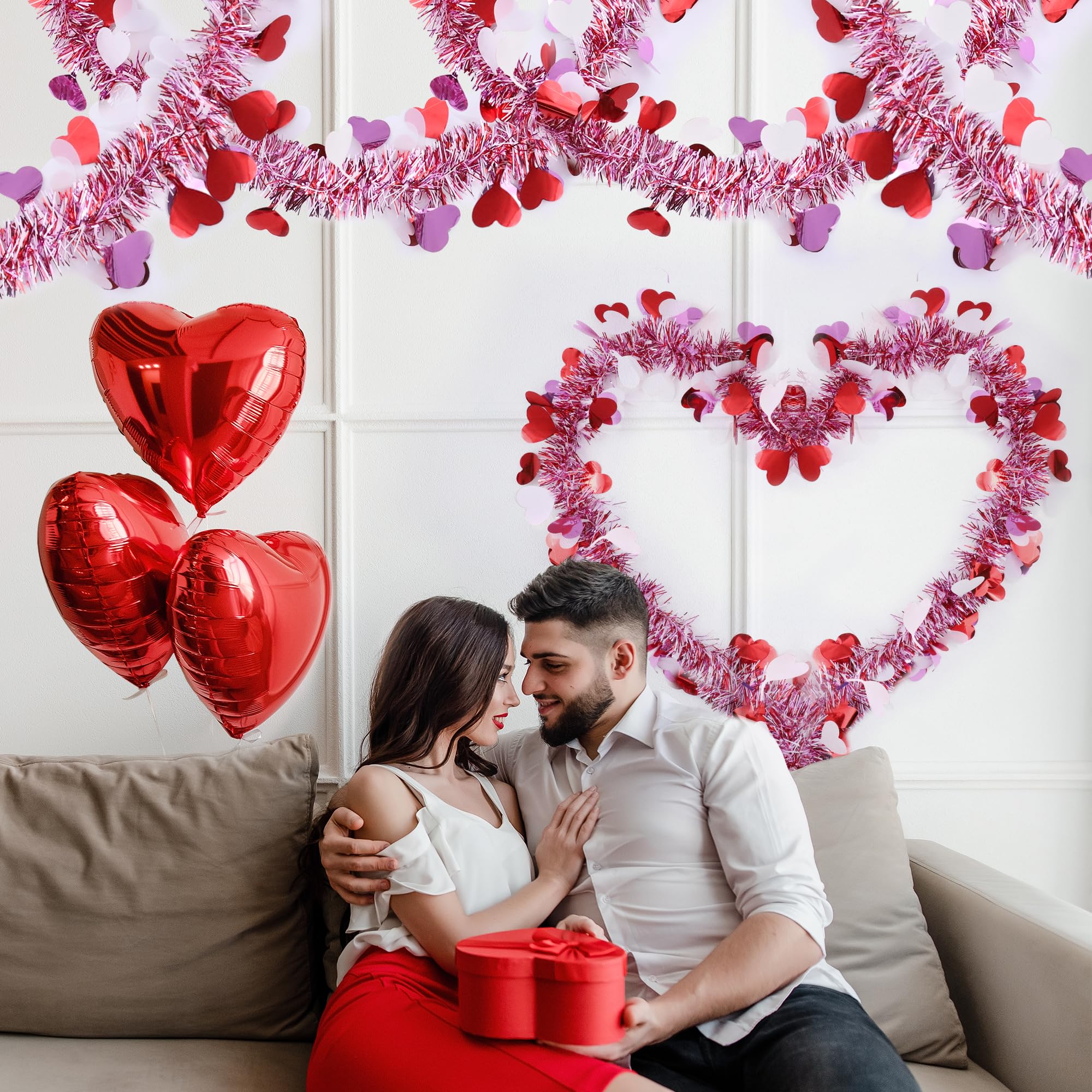 33 Ft Valentines Heart Tinsel Garland Decorations, Valentines Day Red Pink White Metallic Garland Valentine's Day Decorations for Home Indoor Outdoor Wedding Hanging Valentines Day Decor