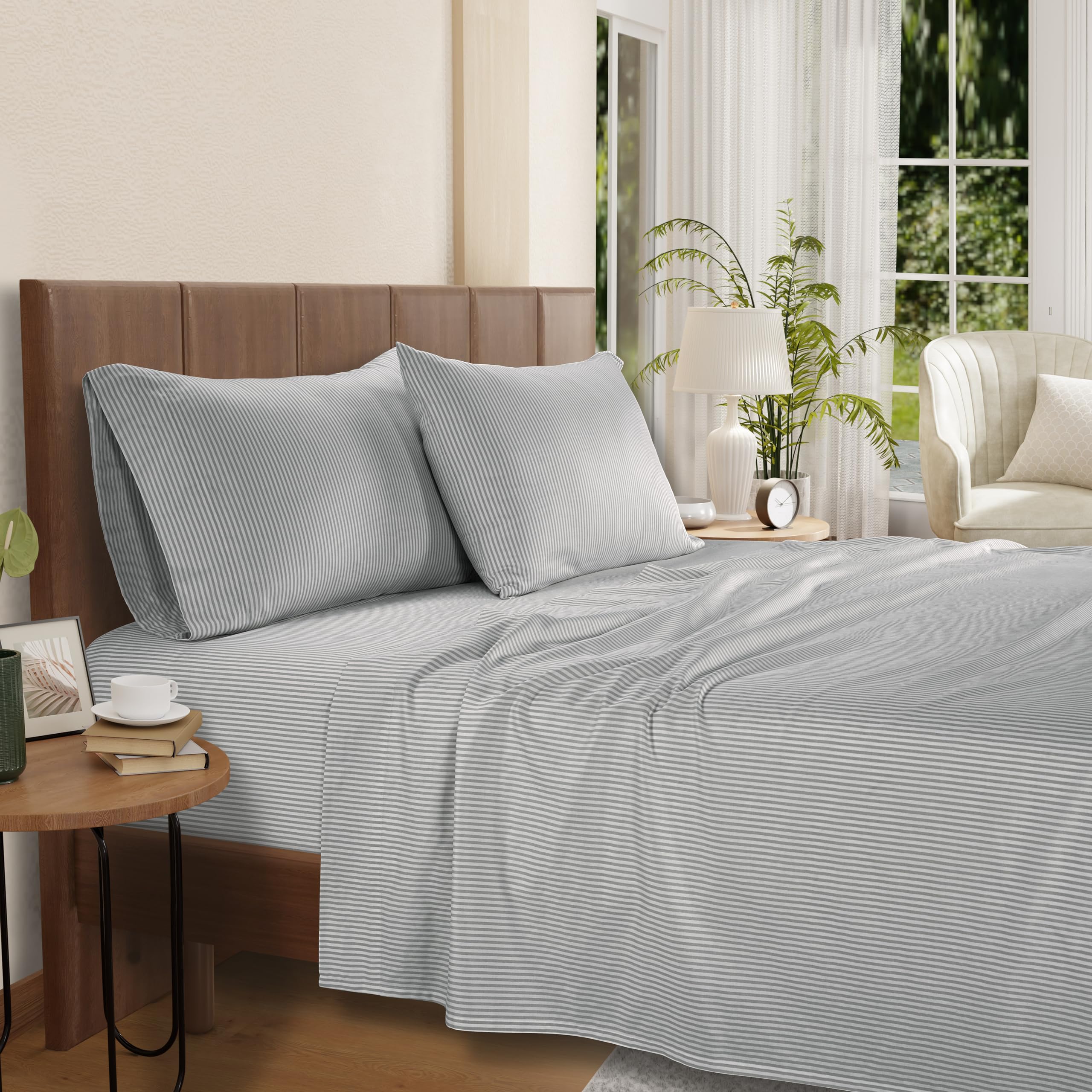 IZOD - Silky Sateen Cotton Sheet Set, Smooth & Buttery Feel, Long-Staple Cotton, Deep Pocket Sheets (300 TC, Queen/Grey Stripe)