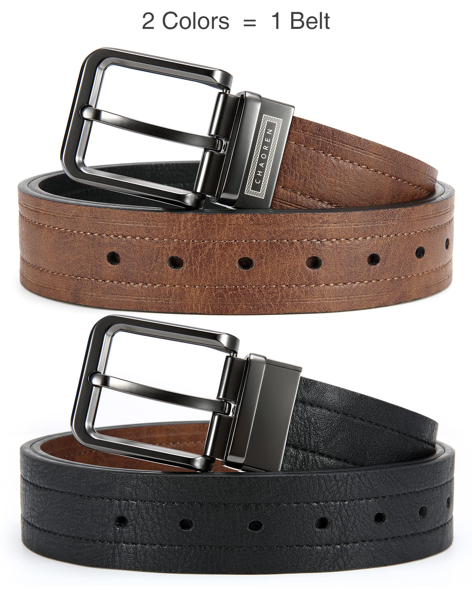 CHAOREN Men's Reversible Casual Belt - 2-in-1 Brown Belt, 1 1/2" Width for Jeans - Effortless Rotating Buckle