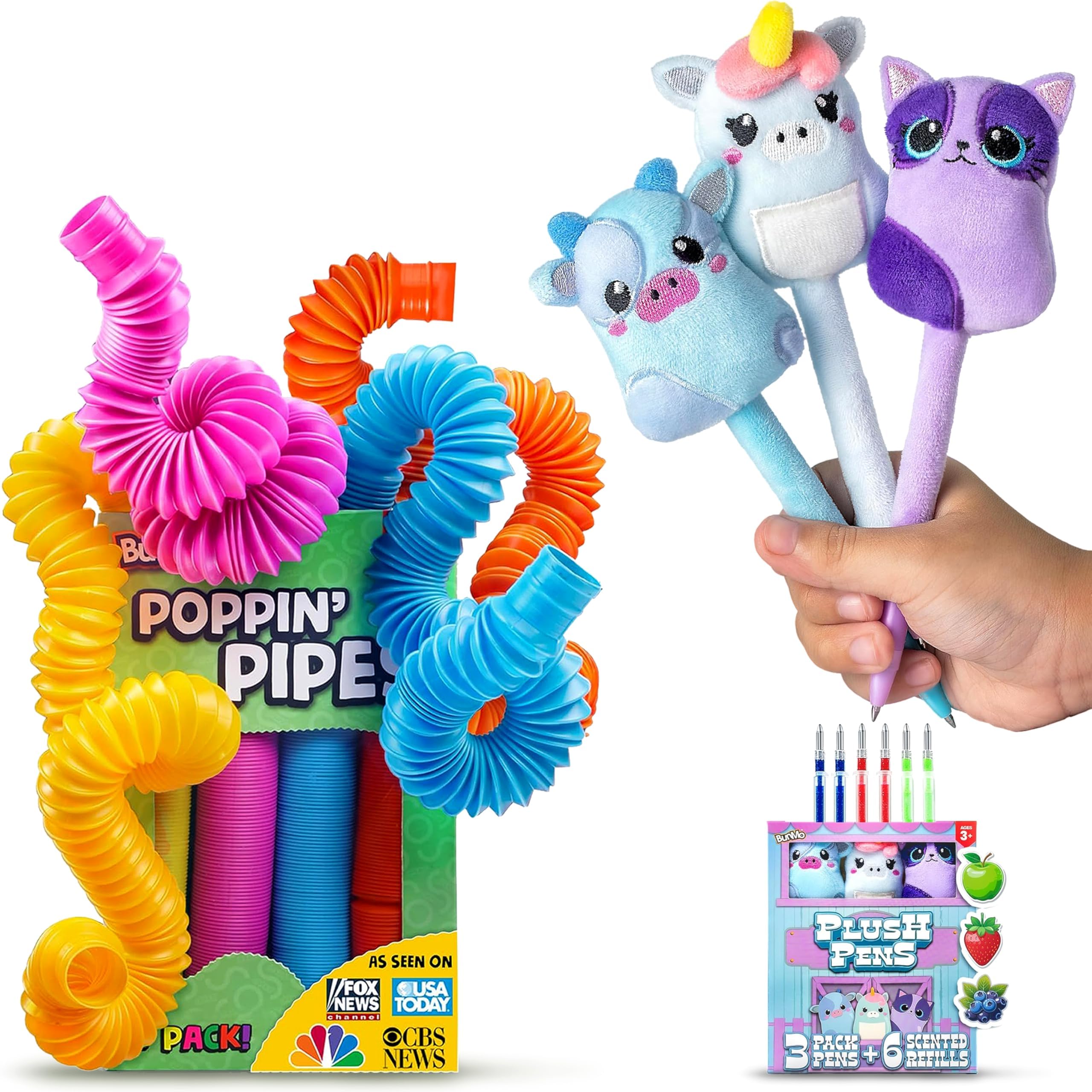 BUNMO Stretch & Write Easter Basket Essentials: 3 pck Cute Gel Pens w/Soft Grip & 6 Refills - Pop Tubes Sensory Toys 4 Pack Large - Easter Basket Stuffers - Non-Mouthable Toy 3+ - Gift for Teens