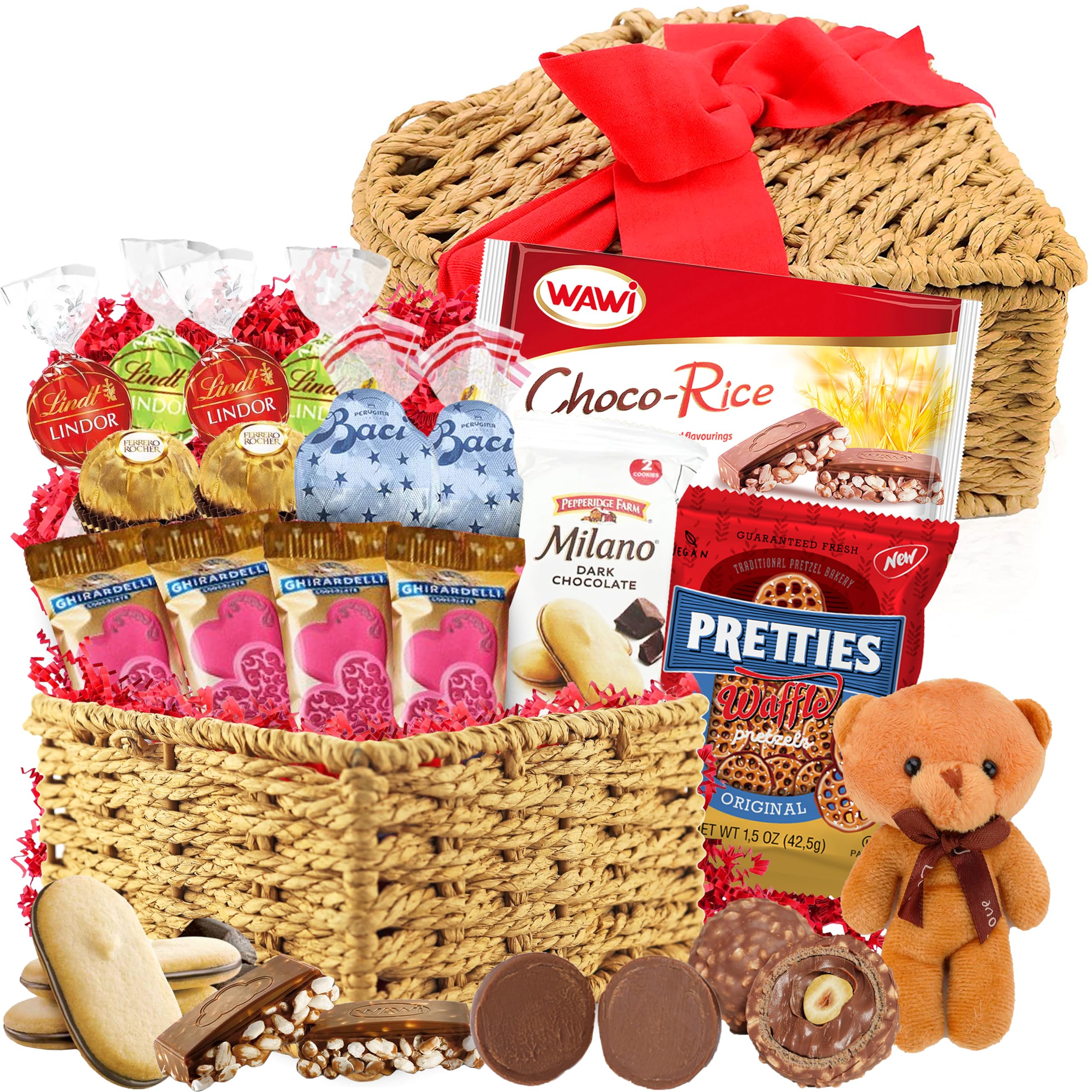 Christmas Heart Shaped Basket Gift with Teddy Bear, Special Assorted Chocolates and Cookies, Heart Shaped Basket for Couples, Men, Women, Wife, Husband, Boyfriend, Girlfriend