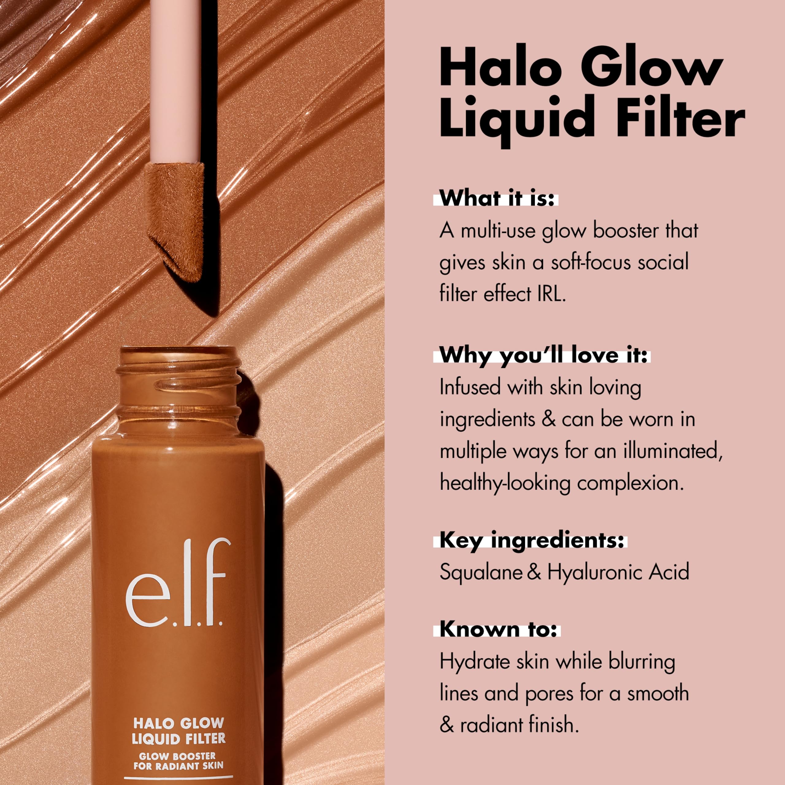 e.l.f. Halo Glow Liquid Filter, Complexion Booster For A Glowing, Soft-Focus Look, Infused With Hyaluronic Acid, Vegan & Cruelty-Free, 3 Light/Medium