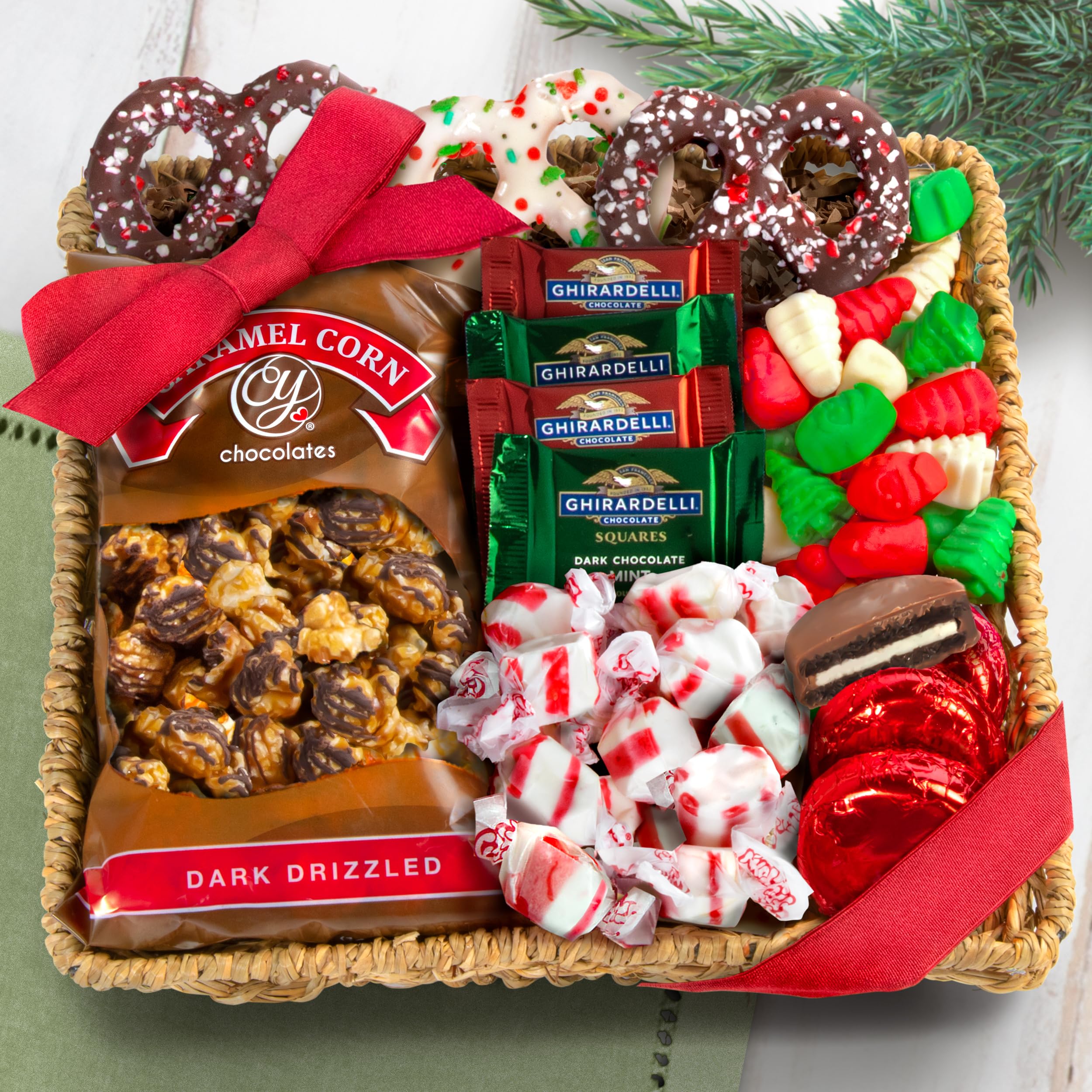 A Gift Inside Holiday Classic Chocolate, Candy & Crunch Gift Basket With Handmade Chocolates, Ghirardelli, Caramel Corn for Gourmet Christmas Food Gift