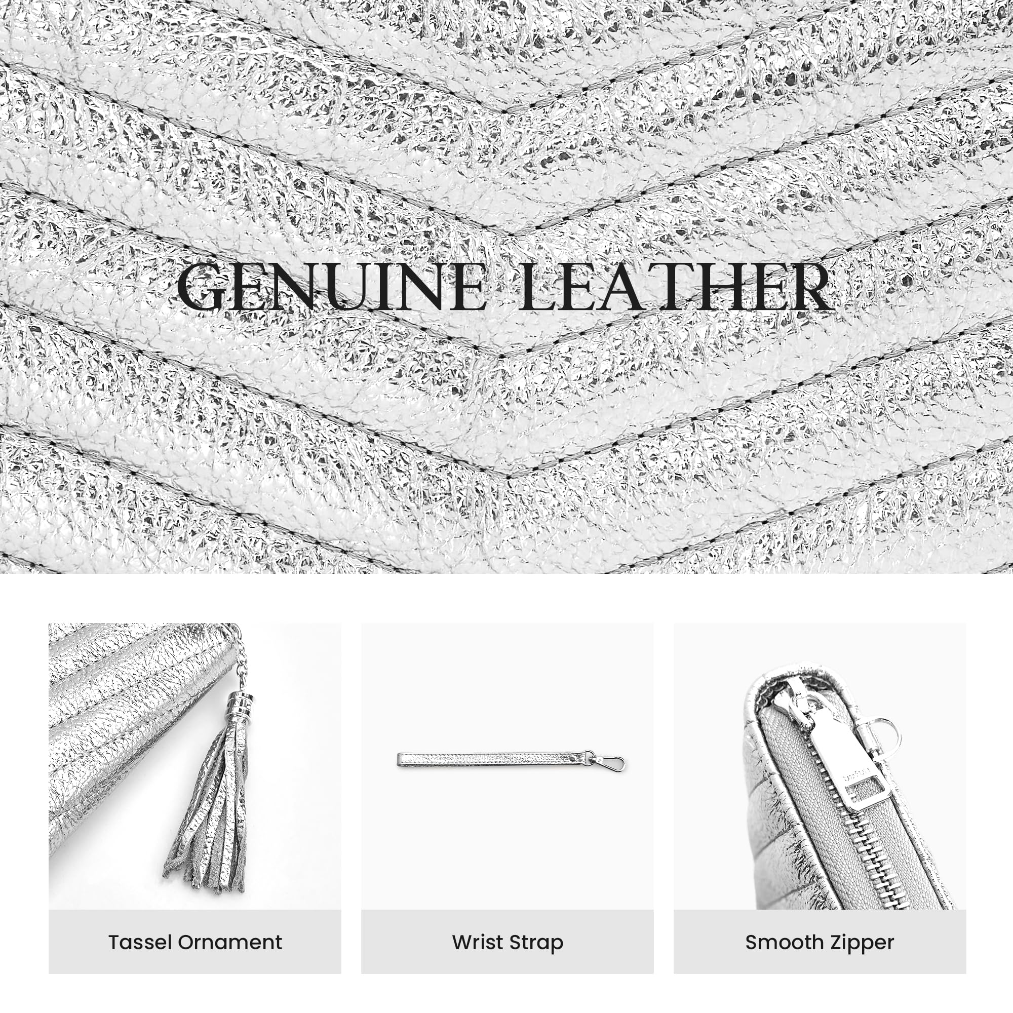 befen Genuine Leather Quilted Wristlet Clutch Wallet Purses for Women Dressy RFID Blocking Zip Around Designer Wallets Metallic Silver Evening Bags