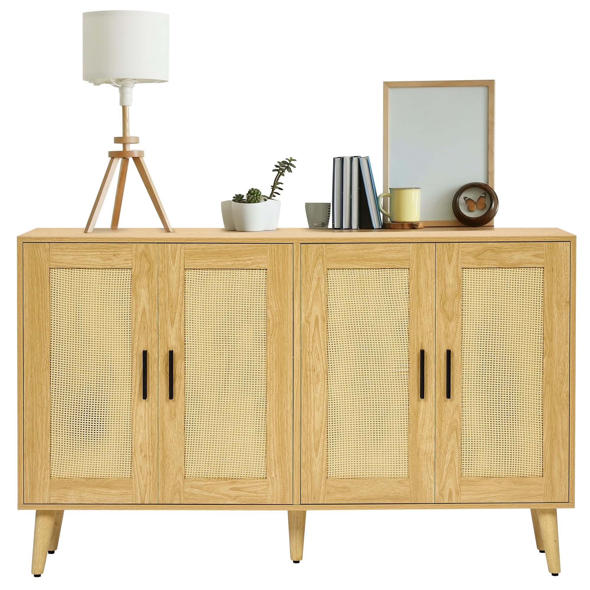 HOMSHO Rattan Sideboard Buffet Cabinet with Double Doors and Adjustable Shelves, Boho Floor Storage Cabinet, Accent Cabinet for Dining Room, Living Room, Hallway, 47.2"x 11.8"x 29.5", Natural