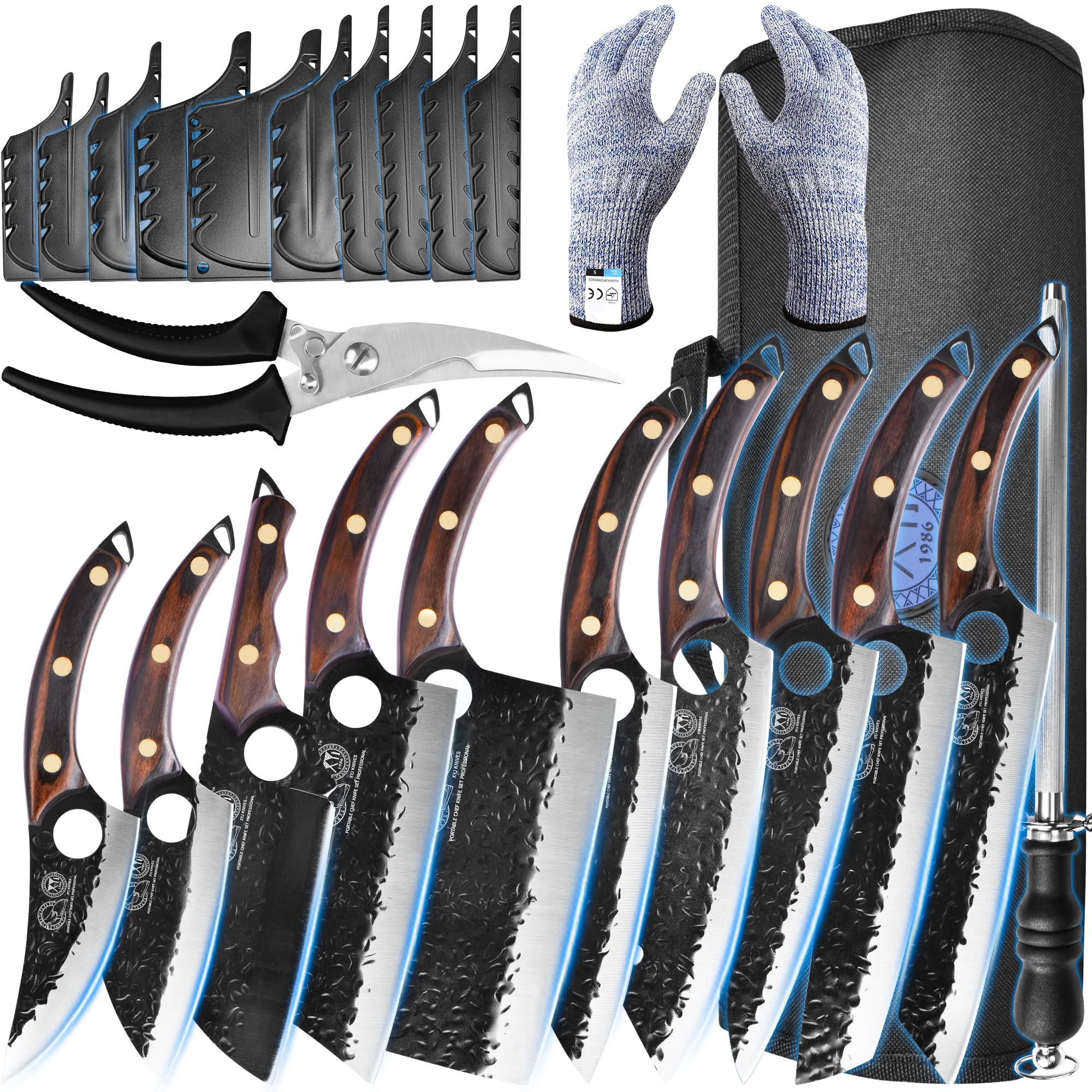 XYJ Professional Kitchen Knife Set with High-Carbon Steel Forged Blades, Chef's Knife, Cleaver, Carving Knife, Nakiri, Full Tang Design, Includes Carrying Bag & Poultry Scissors