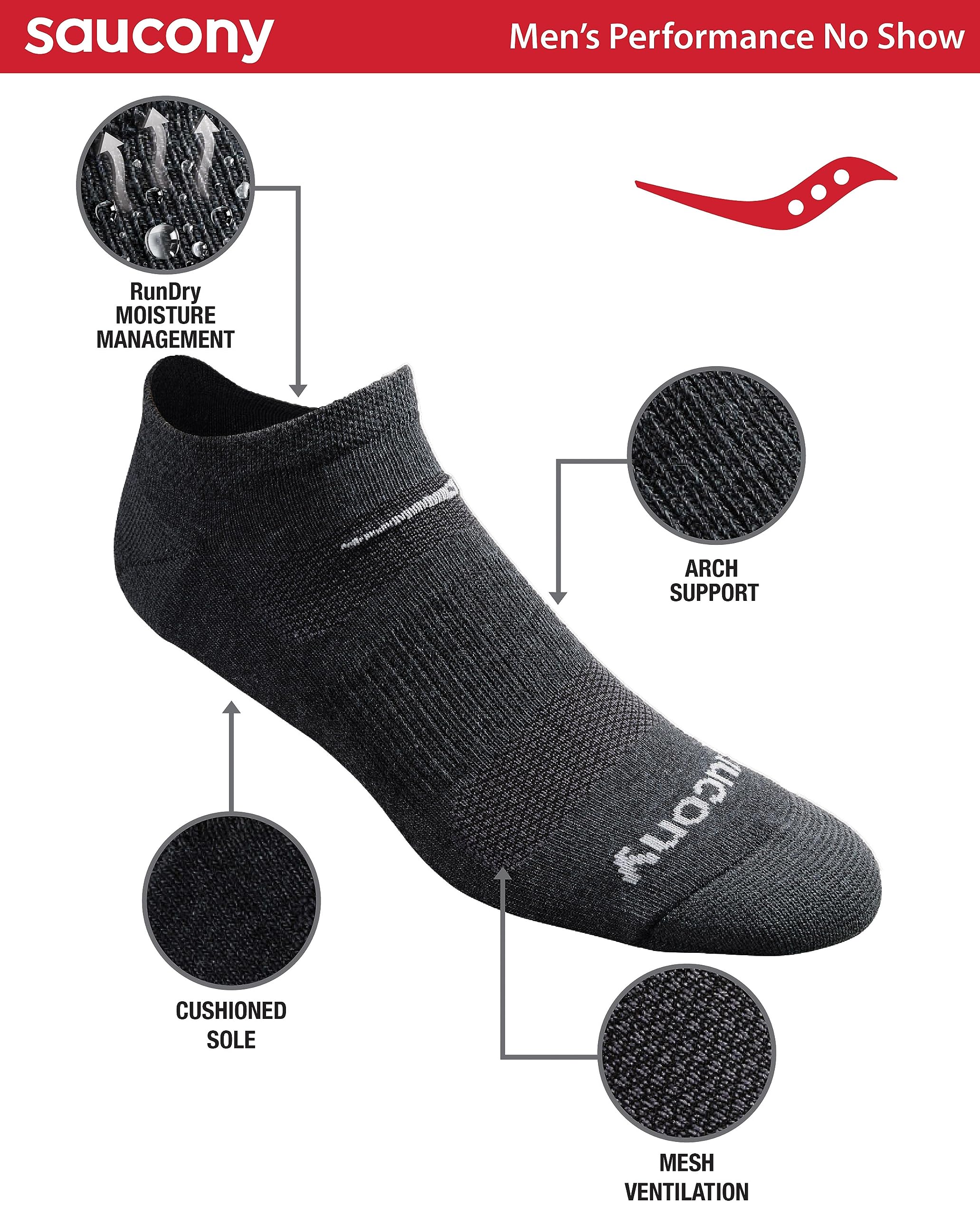 Saucony Men's RunDry Mesh Ventilating Comfort Fit Performance No-Show Socks, Available in M-XXL (6, 12, 18, Charcoal Heather (6 Pairs), XX-Large