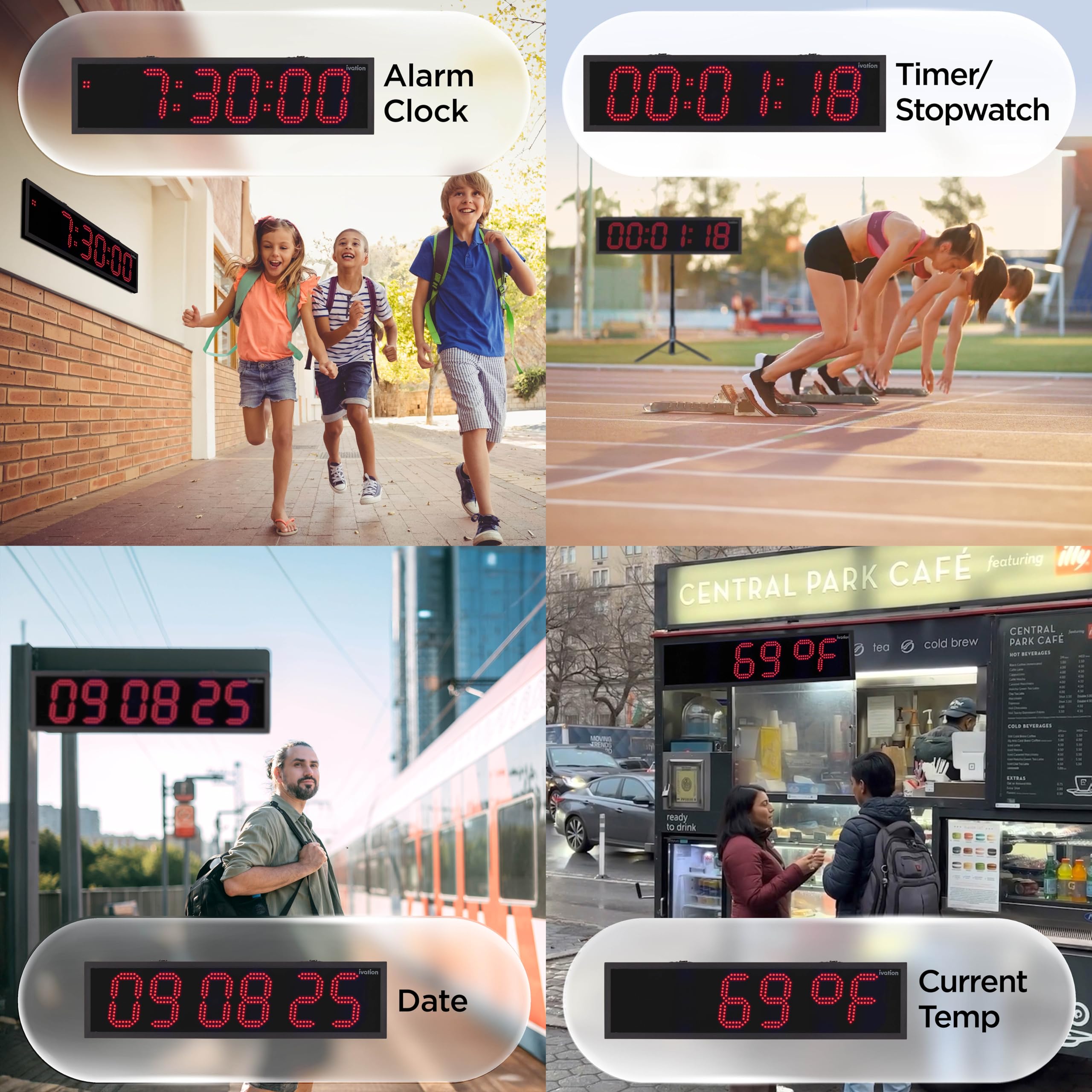 Ivation Oversized 36" Outdoor Waterproof Digital Clock, Auto Time Sync - LED Digital Clock with Large Multi Function Display - Stopwatch, Timer, Alarms, Temp & Date - Wall or Chain Mount (Red)