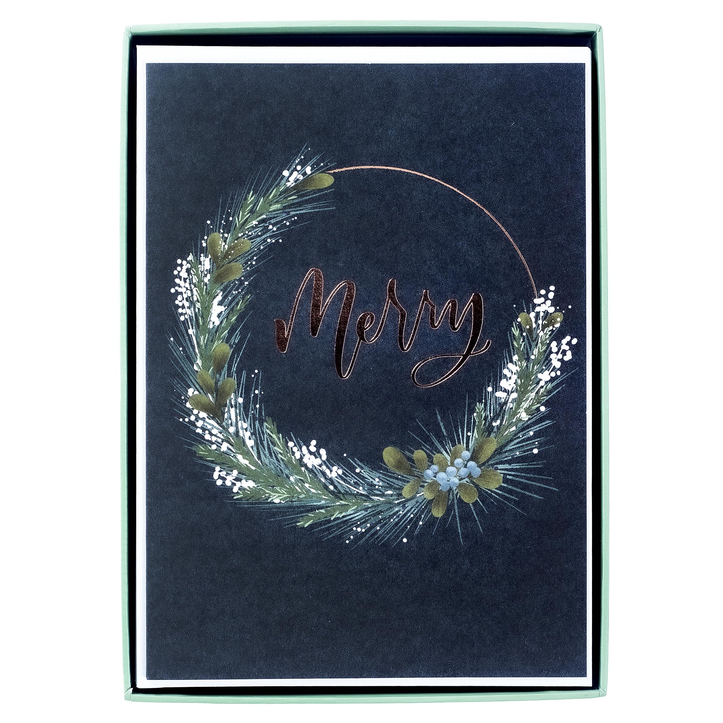 Graphique Merry Wreath Holiday Cards - Pack of 15 Cards with Envelopes - Christmas Greetings - Rose Gold Foil Accents - Boxed Set - 4.75" x 6.625"