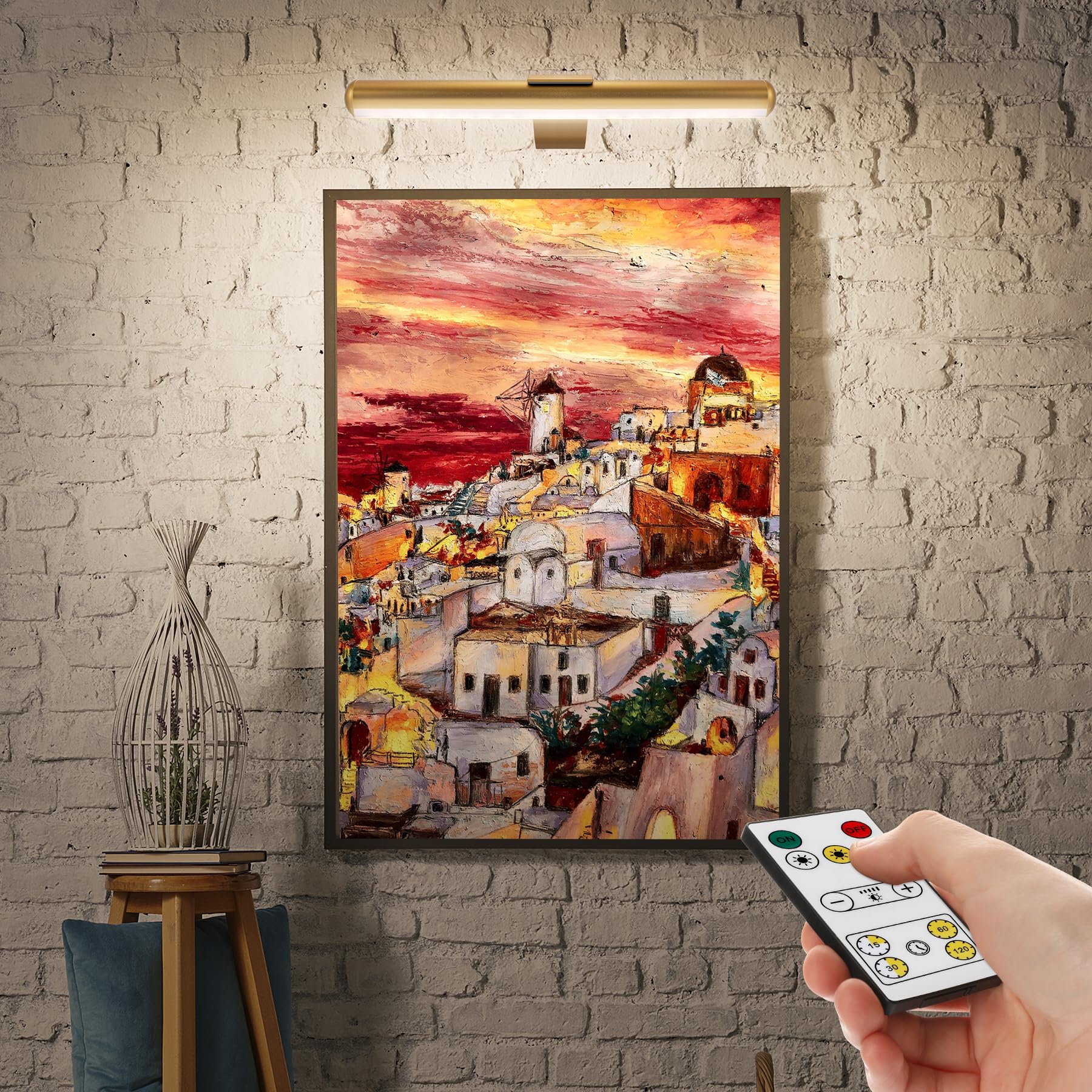 TINTINDOC 2-Pack Picture Light with Remote 6000mAh Rechargeable Battery Operated,Painting Light Full Metal Art Light for Wall Light,Dimmable Timer Off Display 400lm 13.5'' for Gallery -Brass