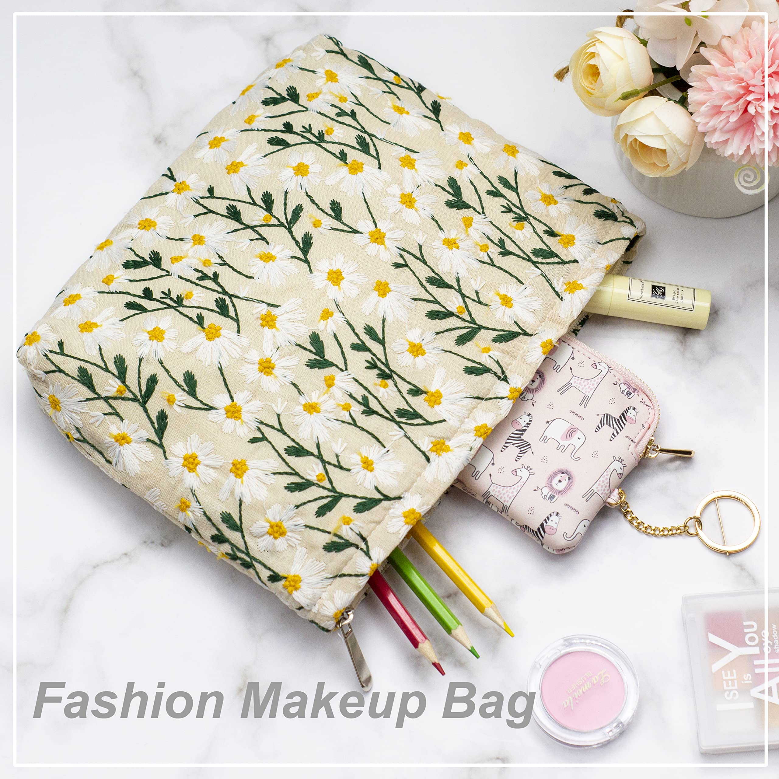 PAZIMIIK Makeup Bags for Purse Zipper Cosmetic Pouch Large Travel Canvas Make Up Organizer Tool Pouch for Women and Girls,Daisy White