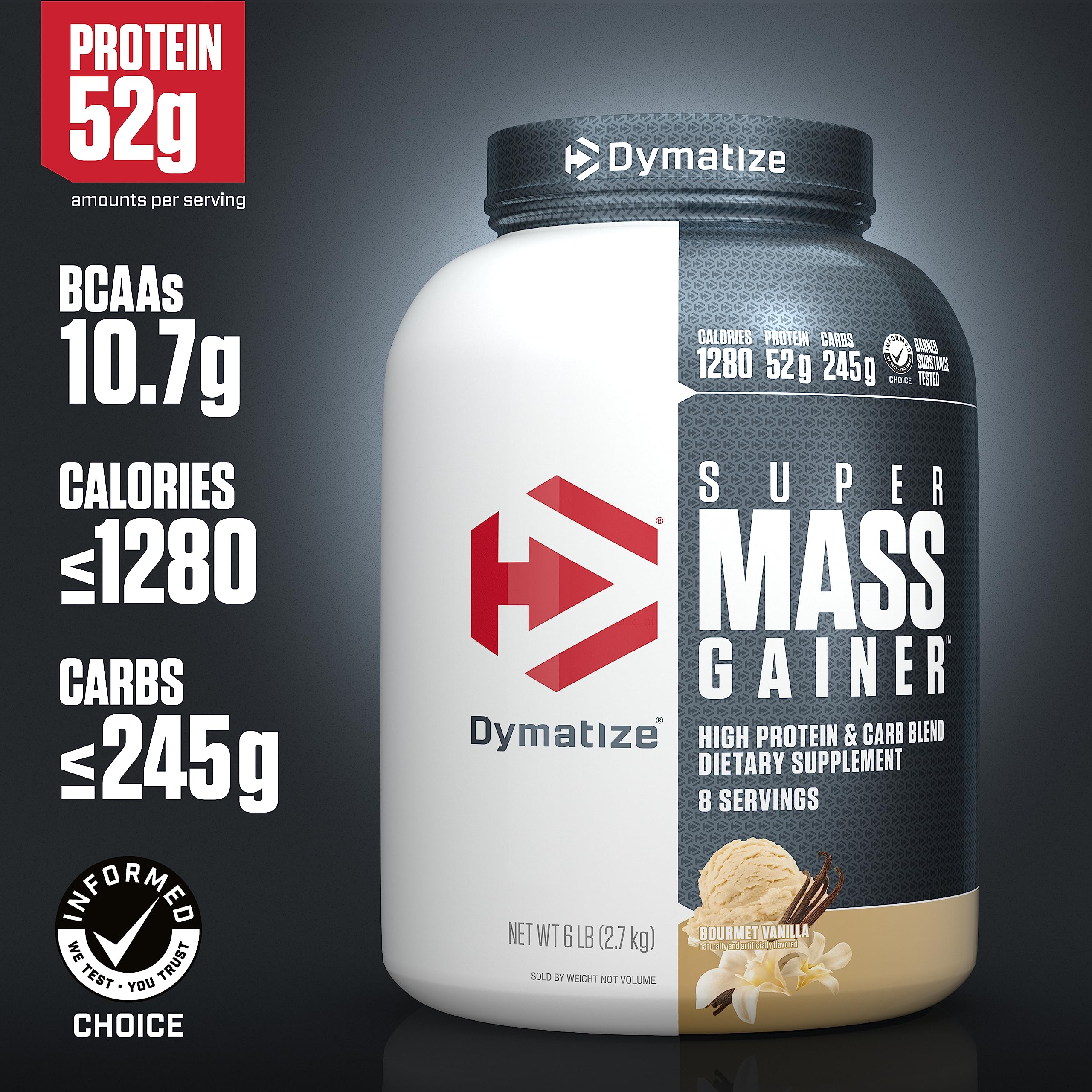 Dymatize Super Mass Gainer Protein Powder, 1280 Calories & 52g Protein, Gain Strength & Size Quickly, 10.7g BCAAs, Mixes Easily, Tastes Delicious, Gourmet Vanilla, Gourmet Vanilla, 6 Pound (Pack of 1)