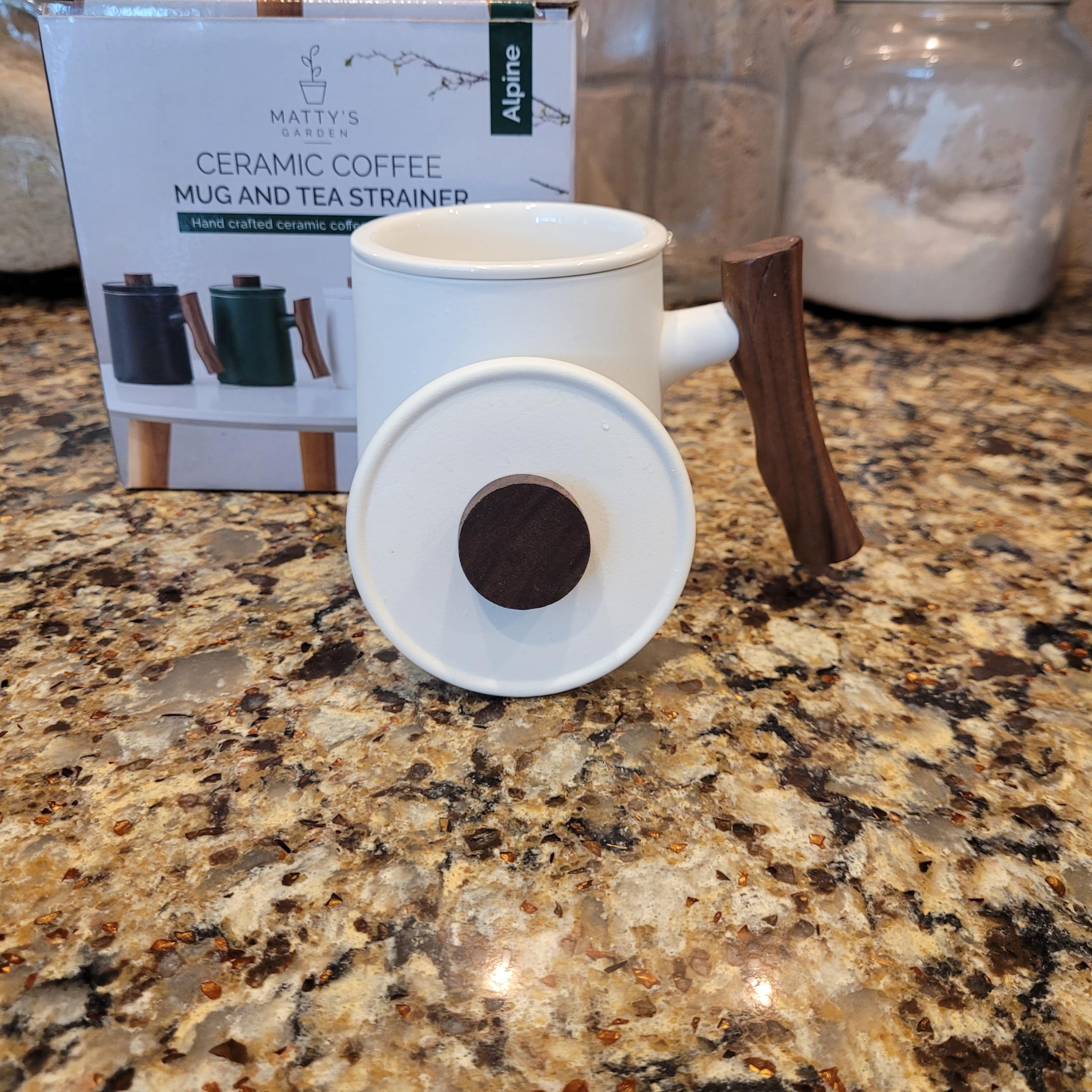 Matty's Garden White Ceramic Coffee Mug and Tea infuser - 12 oz with lid and steeper and wooden handle