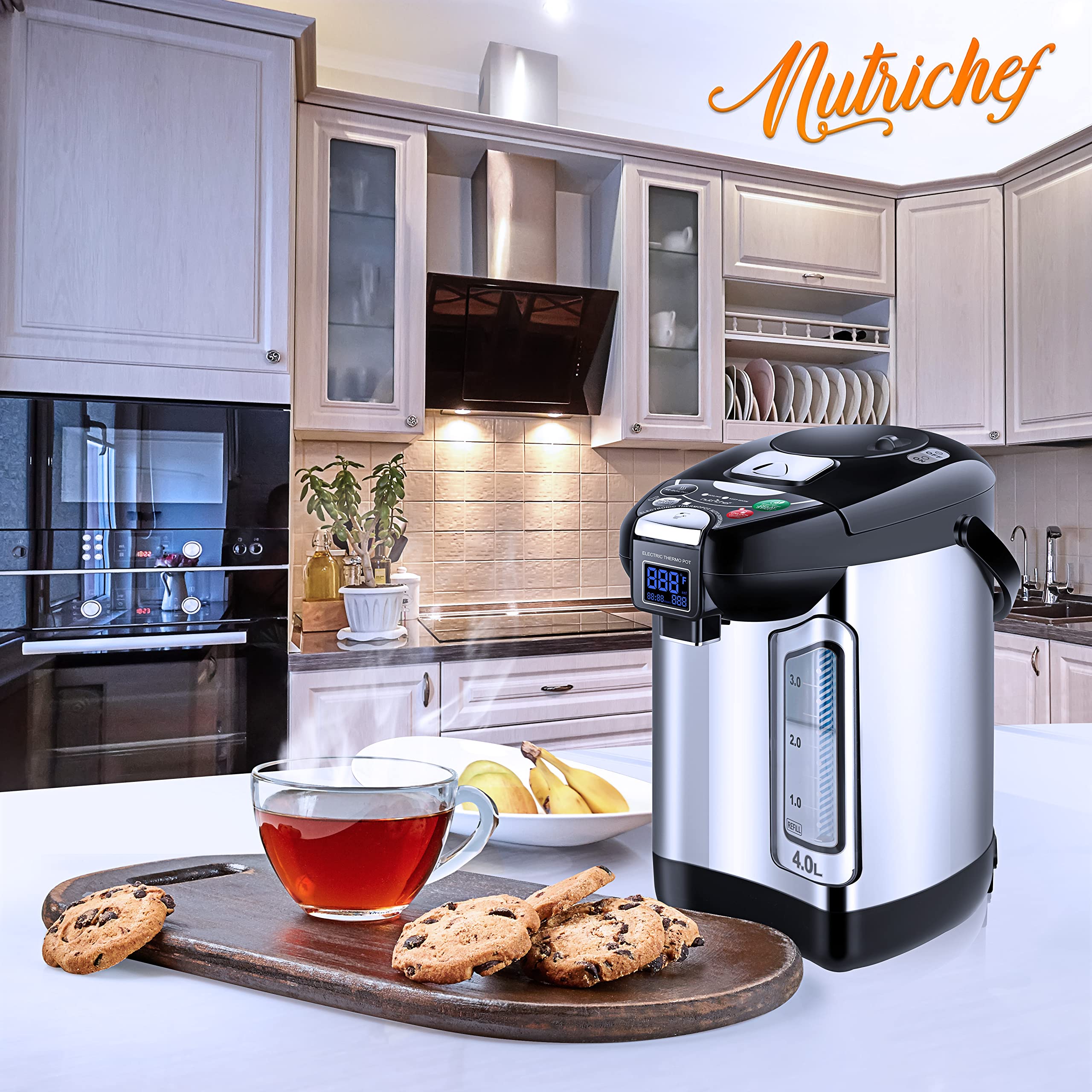 NutriChef Digital Water Boiler and Warmer - 4L/4.23 Qt Stainless Electric Hot Water Dispenser w/ LCD Display, Rotating Base, Keep Warm, Auto Shut Off, Safety Lock, Instant Heating for Coffee & Tea