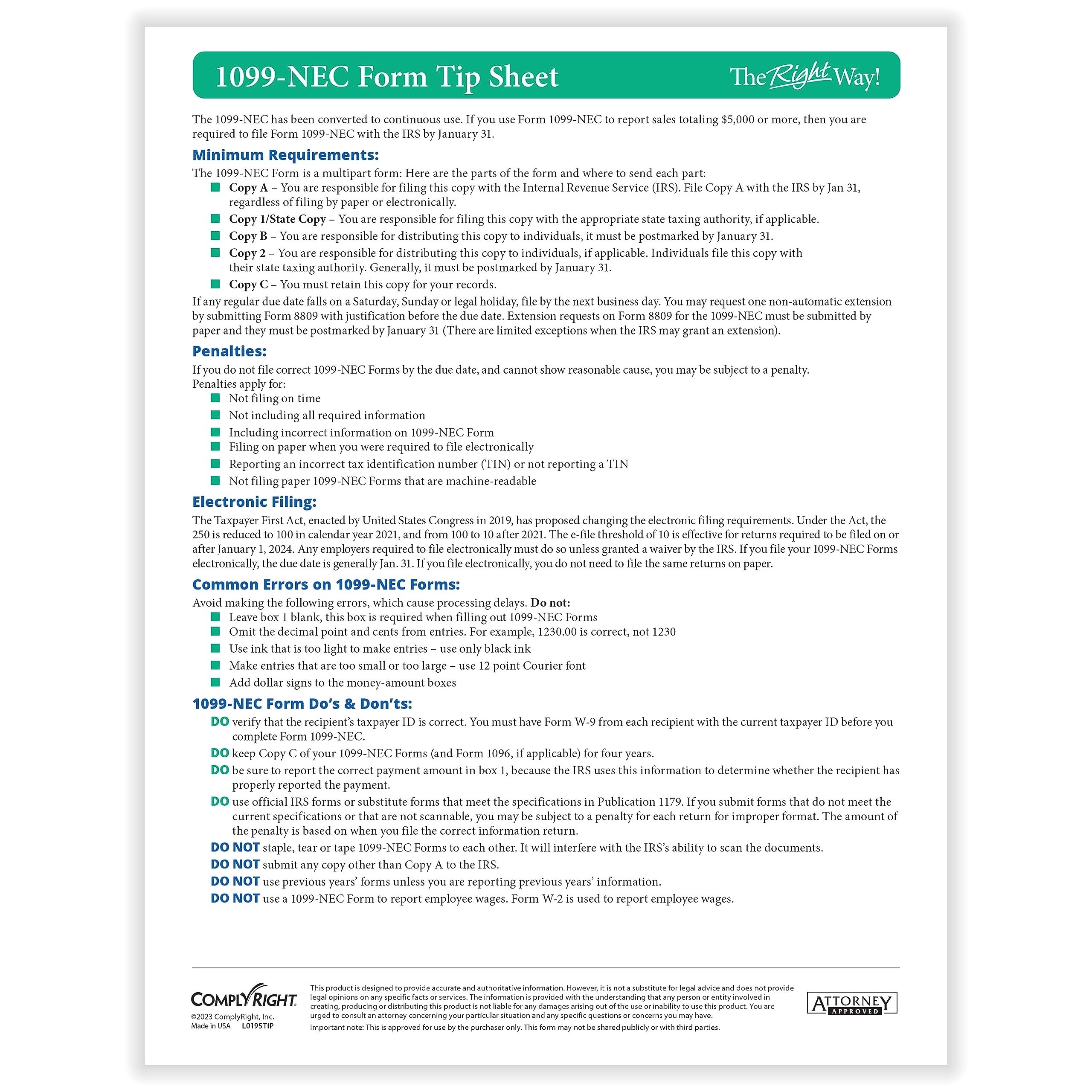 ComplyRight 2024 TaxRight 1099-NEC Tax Kit (4-Part) | 50 Recipients |Self-Seal Envelopes | Software