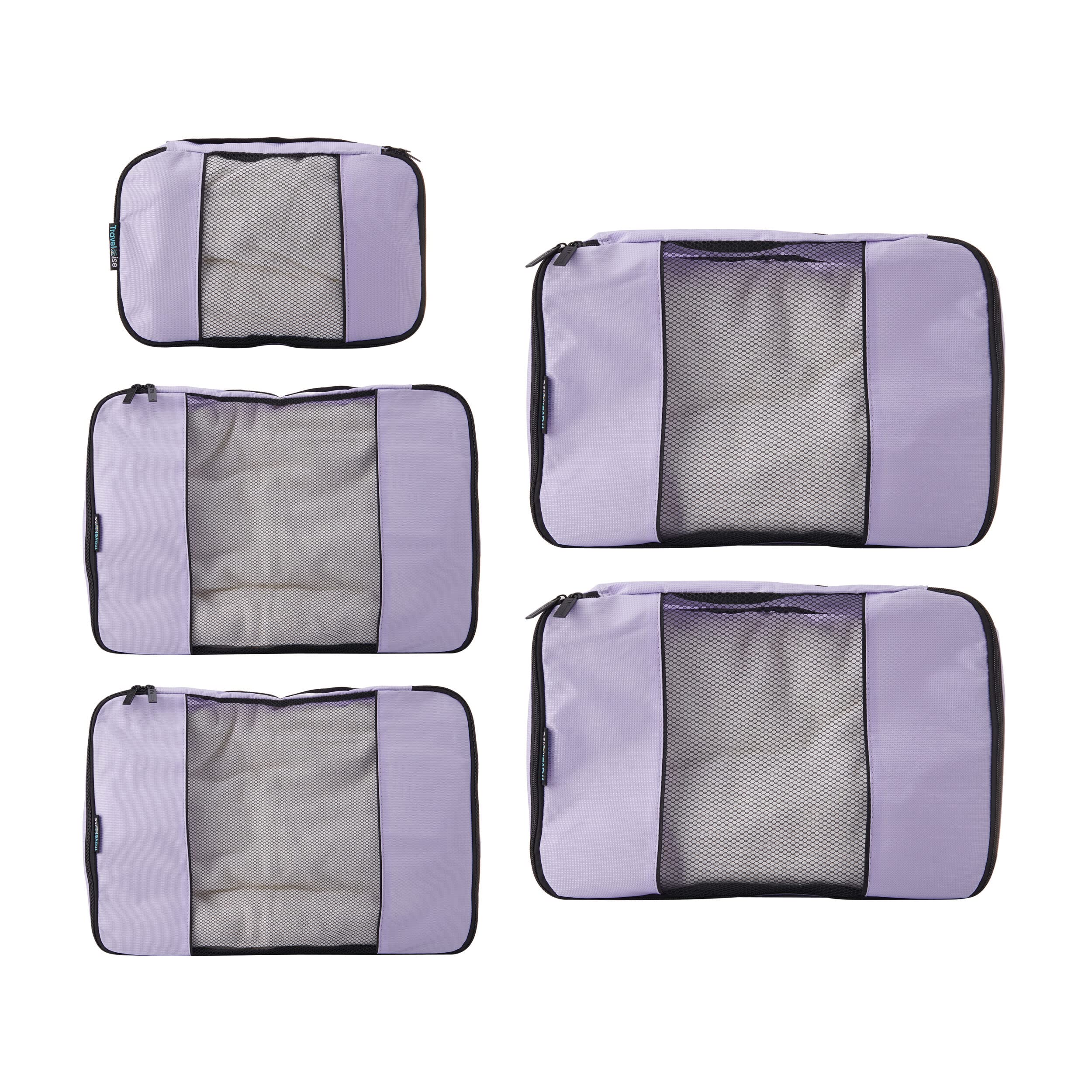 TravelWise Luggage Packing Organization Cubes 5 Pack, Lavender, 2 Small, 2 Medium, 1 Large (TWPC-27)