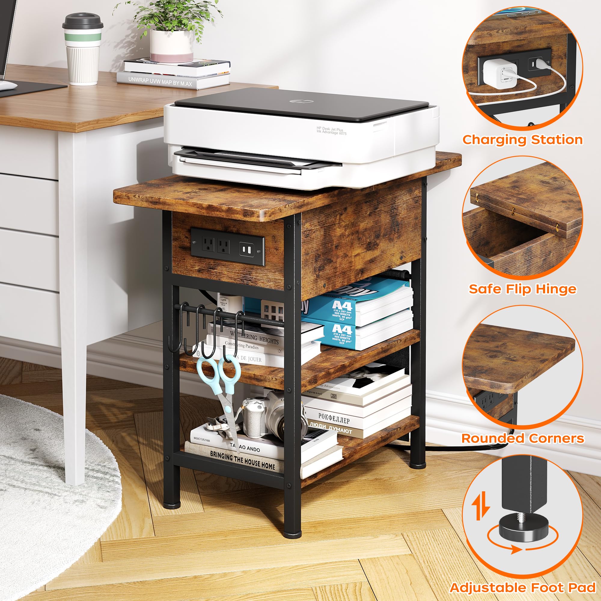 End Table with Charging Station, Sofa Couch Table with Farbic Bag and Side Hooks, Flip Top Side Table with USB Ports and Outlets, Narrow Nightstand for Living Room Bedroom, Space Saving (Rustic Brown)