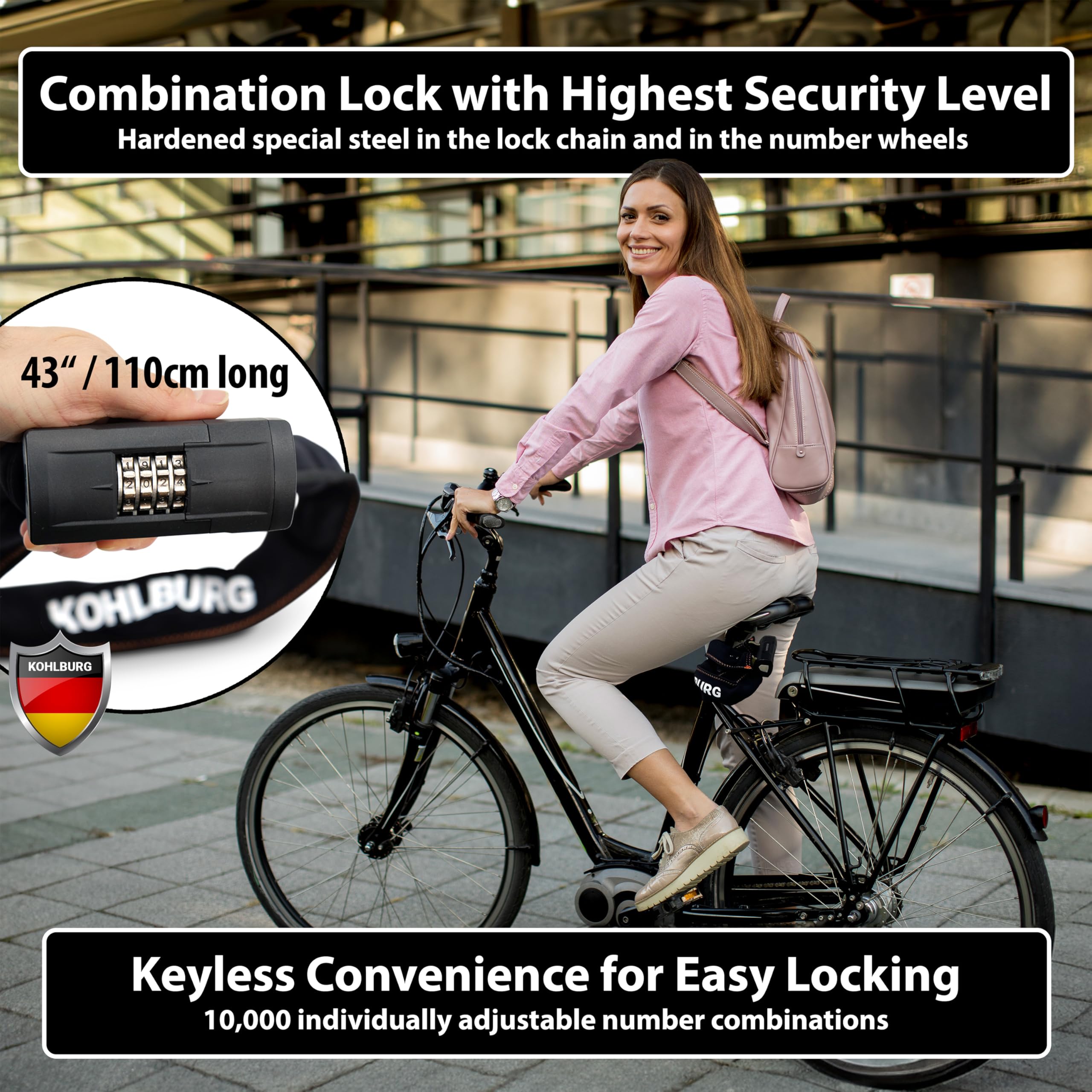 KOHLBURG Heavy Duty Combination Bike Lock [Sold Secure Gold] 43" Long with Maximum Security – Anti Theft Bike Chain Lock with Numeric Code & 8mm Hardened Steel for Bicycle, Ebike, & Motorcycle