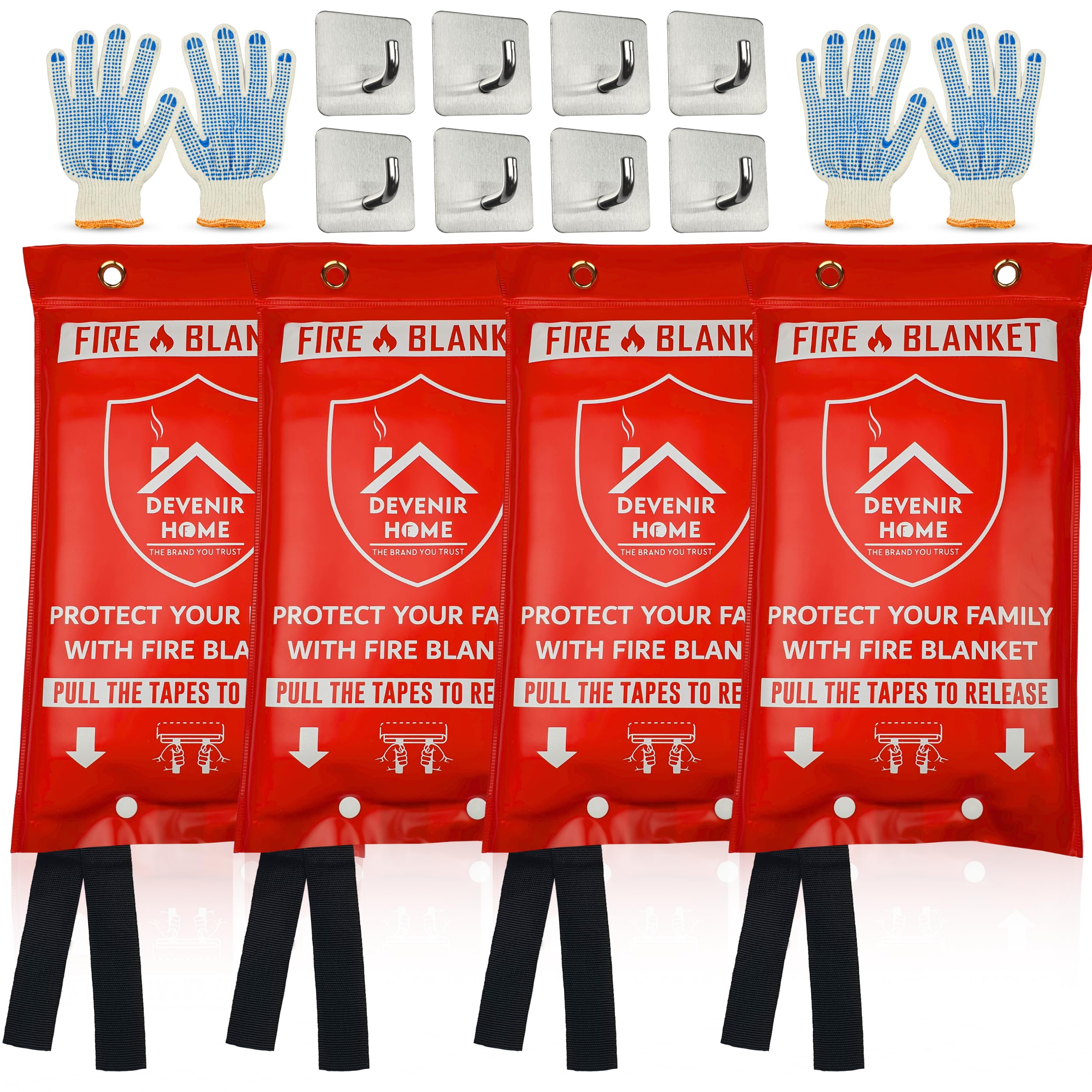 Devenir Home Extra Large Fire Blanket - 48”x 48” Pack of 4 Blankets with 8 Hooks and 4 Gloves, Fire Blankets Emergency for Home, Car, Kitchen, Warehouse, Outdoor, and Camping Safety