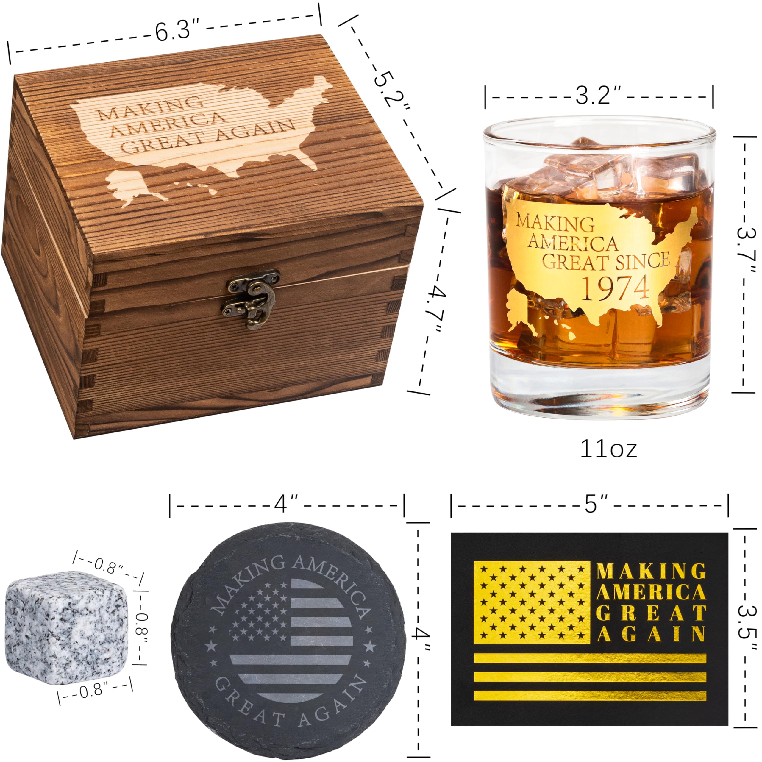 Crisky 50th Birthday Bourbon Whiskey Glass & Stones 50th Birthday Gift for Men Making XX Great Since 1974 Includes One Crystal Whisky Glass, 4 Chilling Stones, 1 Slate Coaster in Luxury Wooden Box