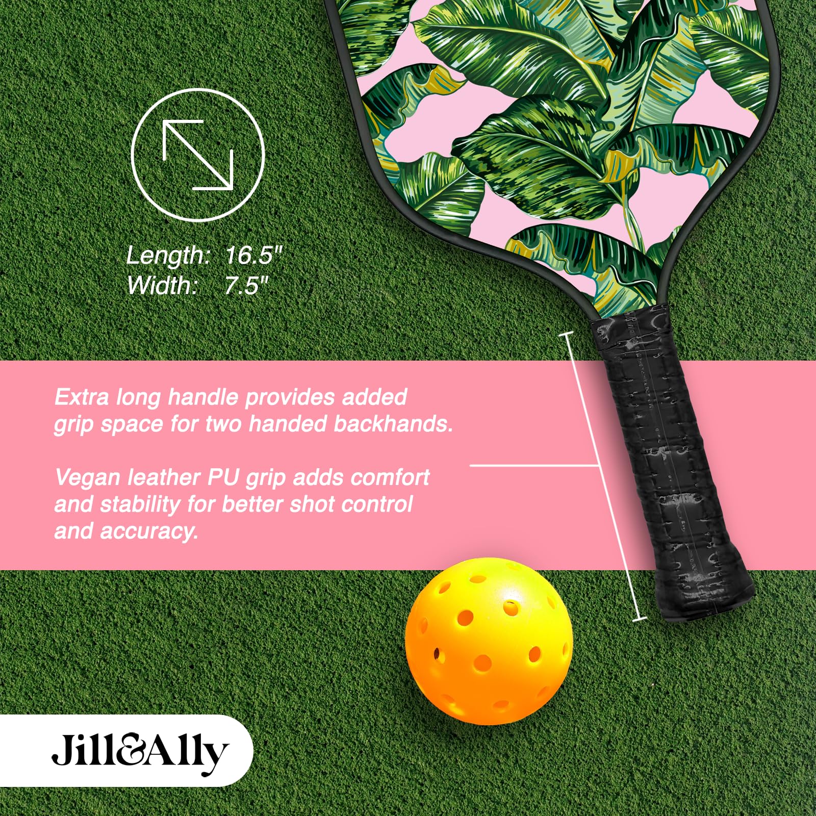 Jill & Ally Lounge Pink Pickleball Paddle, Carbon Fiber Materials, 16.5” x 7.5", Extra Long Handle, Vegan Leather PU Grip, Unique Edge Guard All Skill Levels