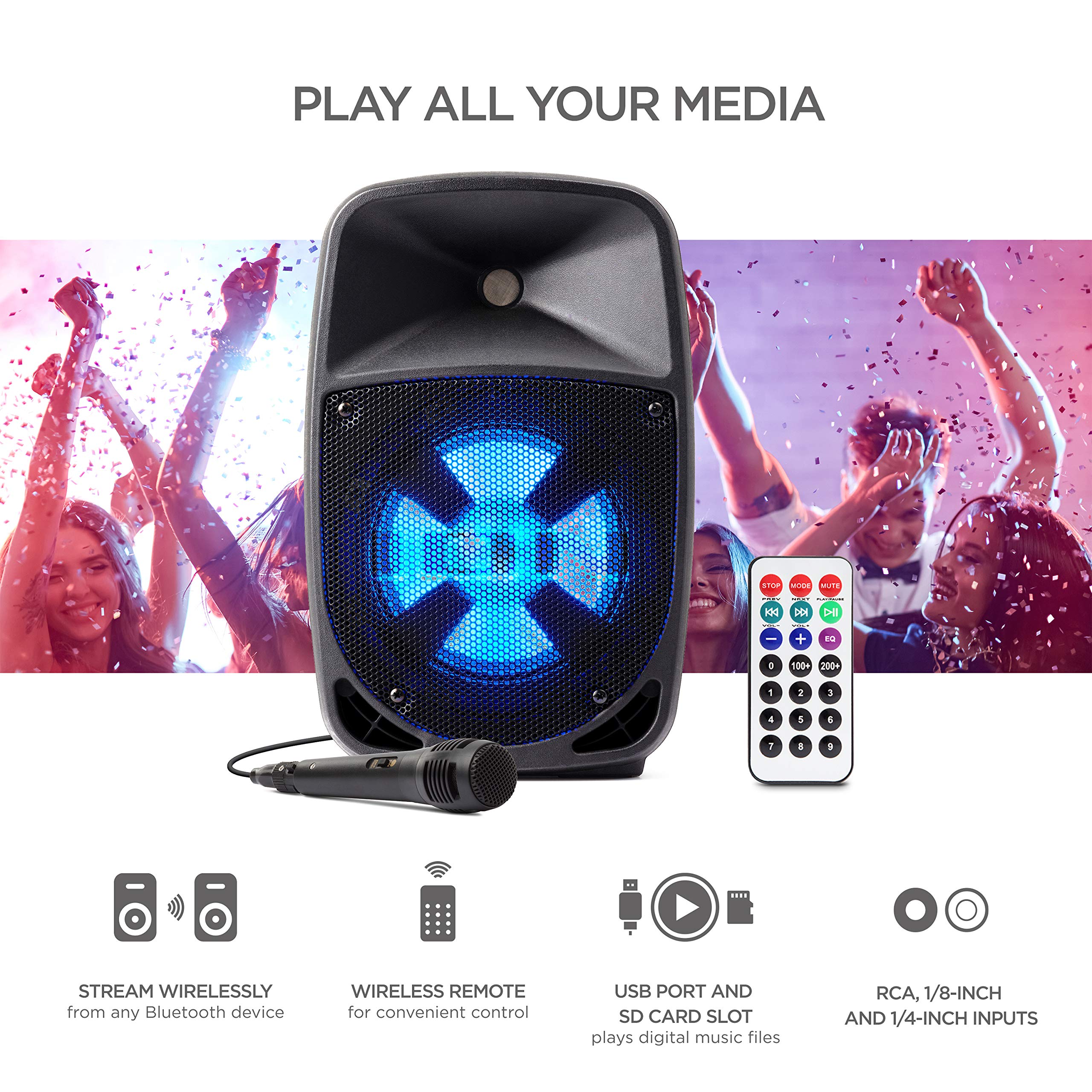 ION Audio Pro Glow 8 - 150W Wireless Bluetooth Speaker Portable PA System With Karaoke Microphone, Vocal Effects, USB/SD Playback and FM Radio