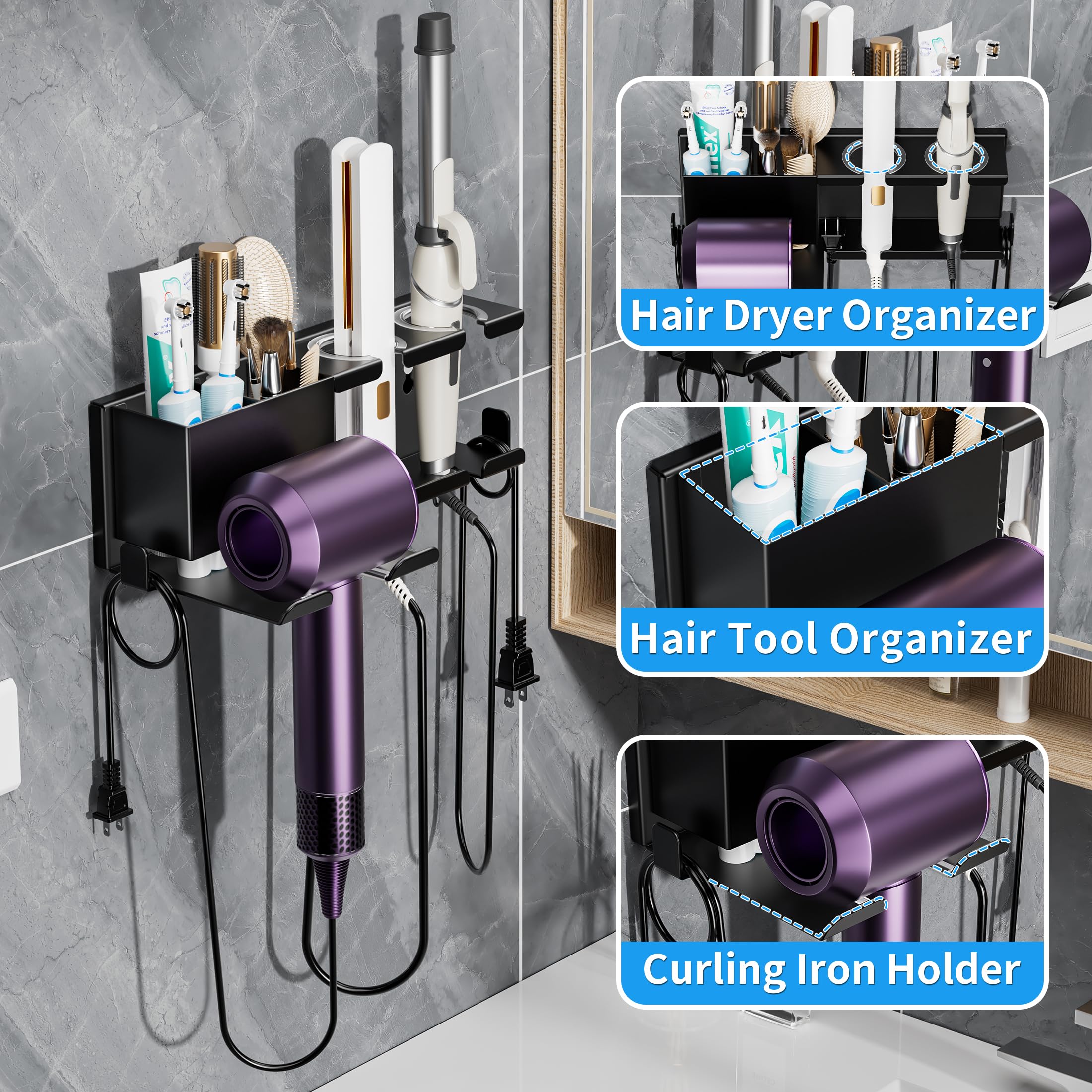 BOIVSHI Hair Dryer Holder Wall Mounted, Metal Hair Tools Organizer, Hair Dryer Holder for Blow Dryer, Curling Iron, Straightener, Bathroom Hair Accessories Tools Organizer, Black