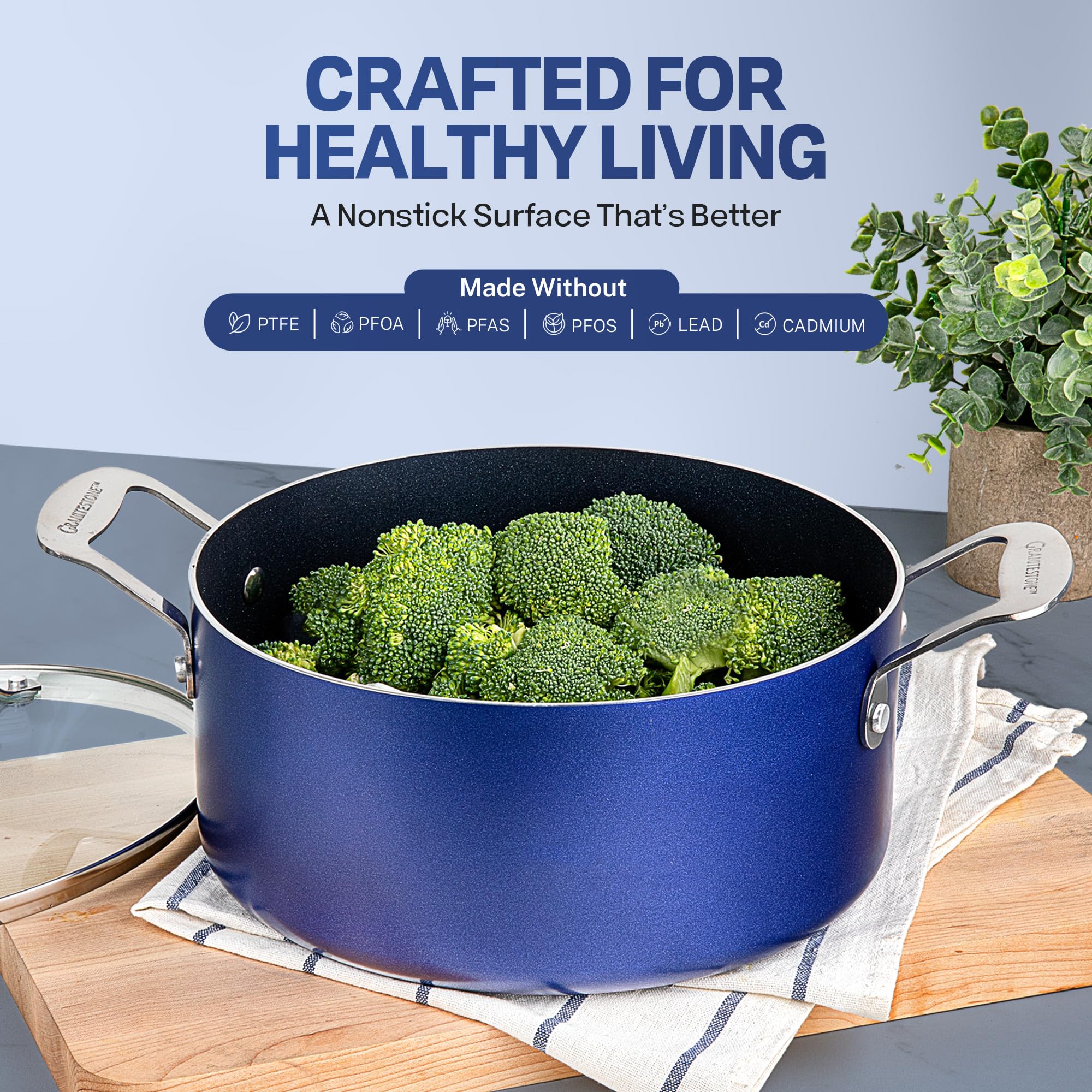Granitestone 10 Pc Pots and Pans Set Non Stick Cookware Set, Kitchen Cookware Sets, Pot and Pan Set, Pot Set, Diamond Coated Nonstick Cookware Set with Lids, Non Toxic, Dishwasher Safe, Blue