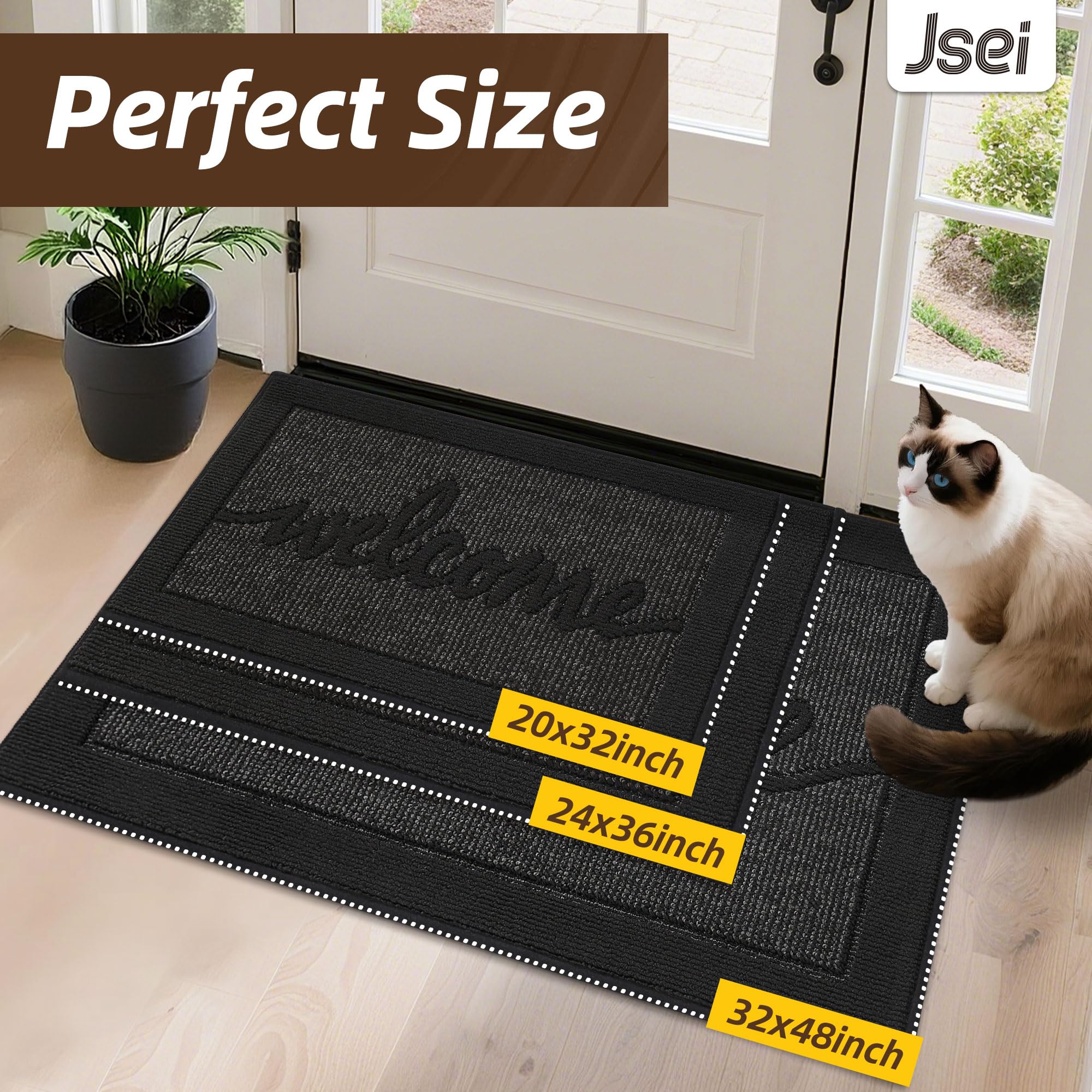 JSEI Door Mat 20"x 32",Absorbent Muddy Dirt Welcome Mat,Non-Slip Entryway Rugs Washable Indoor Entrance Mats,Low Profile Floor Mat for Entryway and Front Back Door,Black