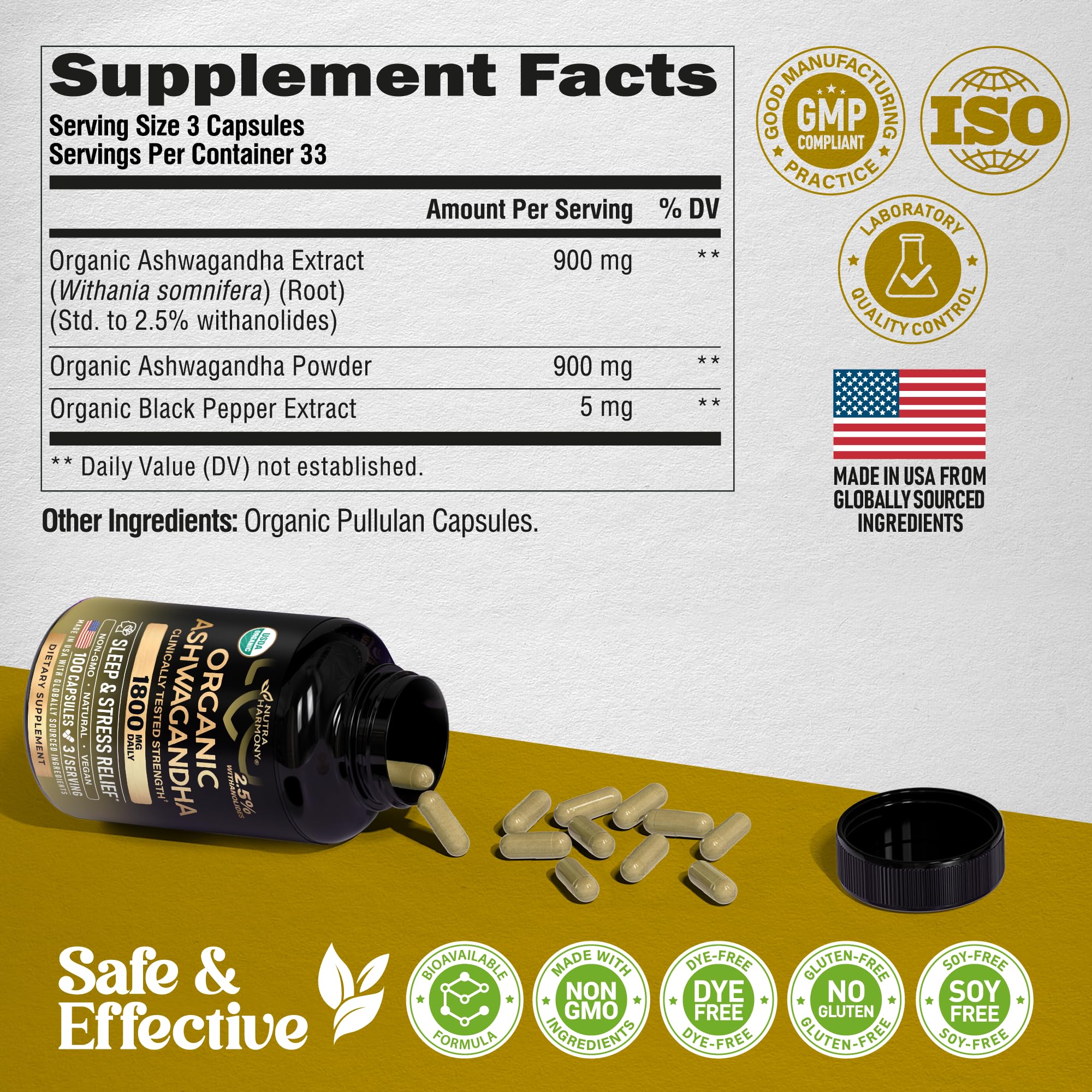 Ashwagandha Supplements 1800mg - USDA Organic Ashwagandha for Women & Men - Clinically Effective Strength for Stress Relief & Sleep - Powder & Root Extract 2.5% Withanolides - Made in USA 100 Capsules