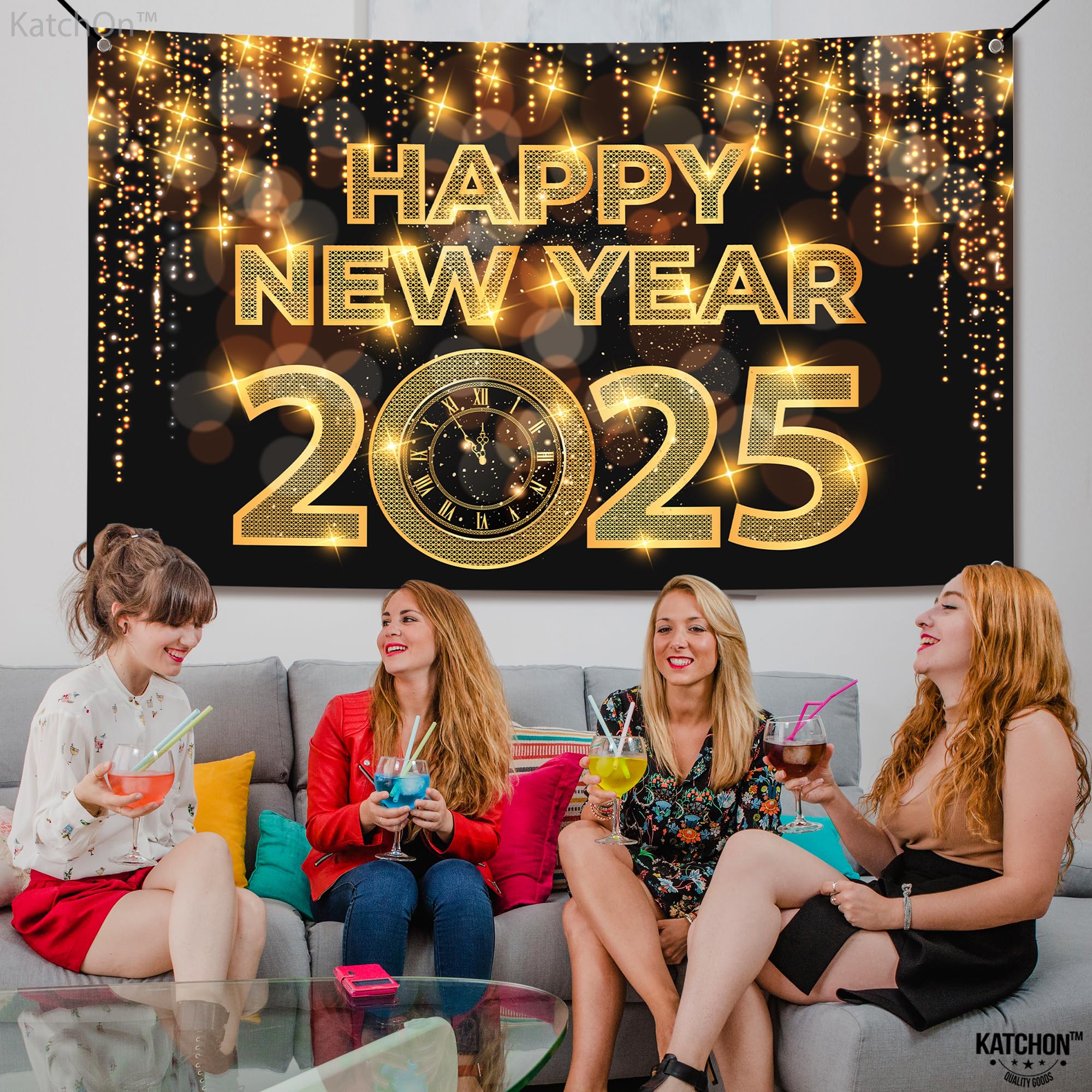 KatchOn, Large Happy New Year Banner 2025 - New Year Backdrop, 72x44 Inch | Happy New Year Decorations 2025 | Happy New Year Backdrop for New Years Eve Party Supplies 2025 | New Years Decorations 2025