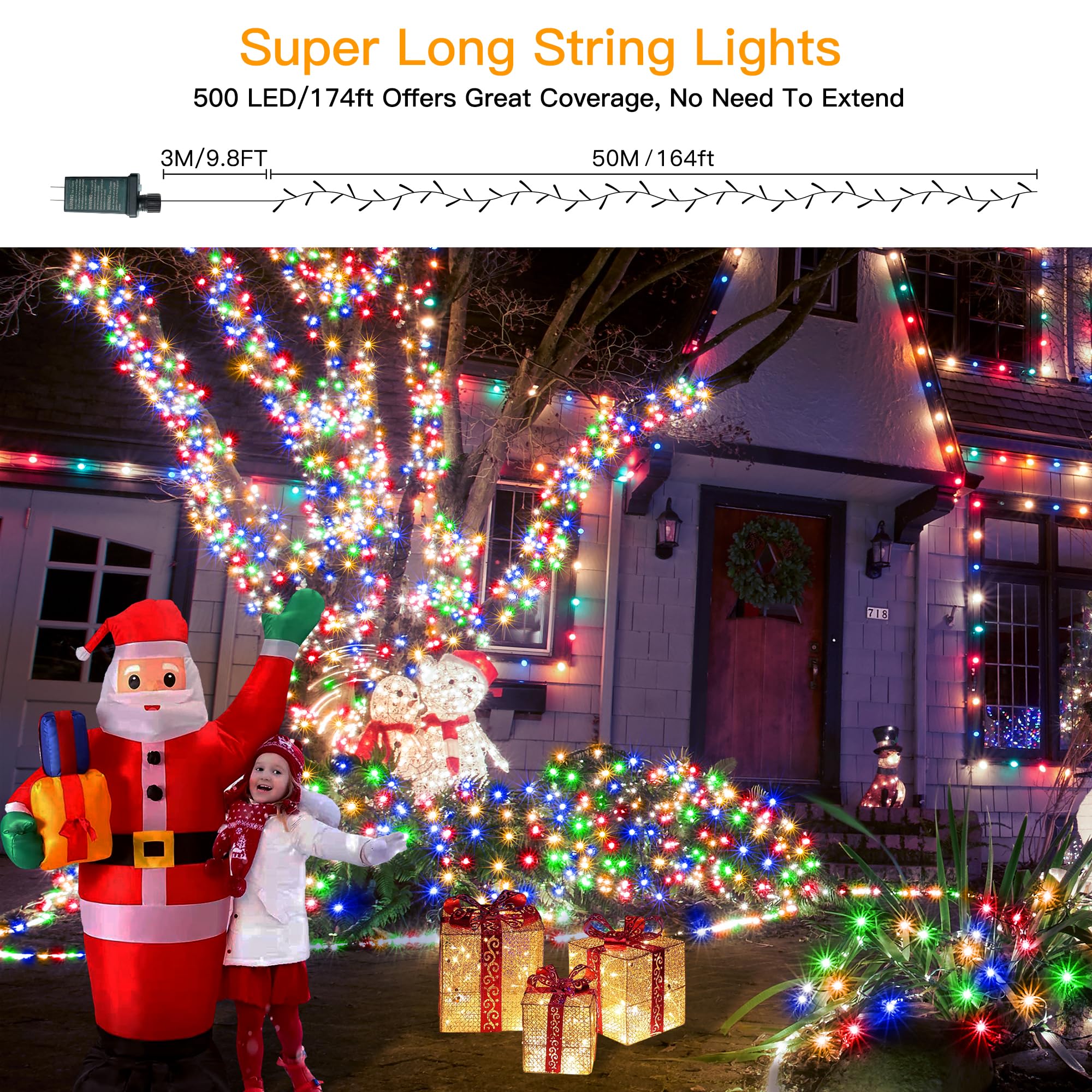 Ccinny 12 Modes 174ft 500 LED Dusk to Dawn Outdoor String Lights Memory,Plug in Dimmable Christmas Lights with Remote, Waterproof Fairy Lights with Timer for Patio Garden Party(Multicolor)