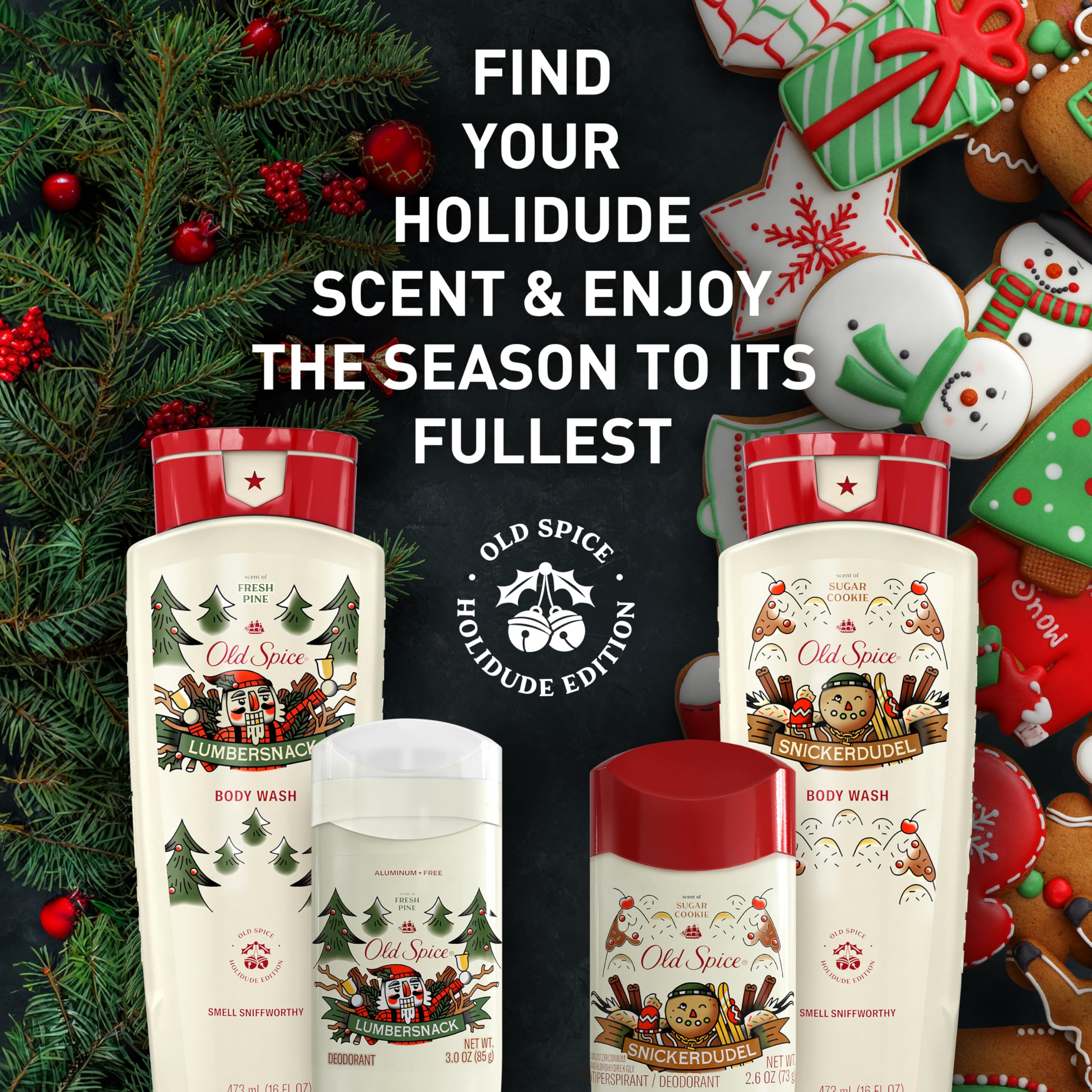 Old Spice Body Wash for Men, Holidudes Limited Edition, 24/7 Holiday Freshness, Lasting Scent and Rich Lather, Stocking Stuffer, Snickerdudel Sugar Cookie Scent, 16 fl oz