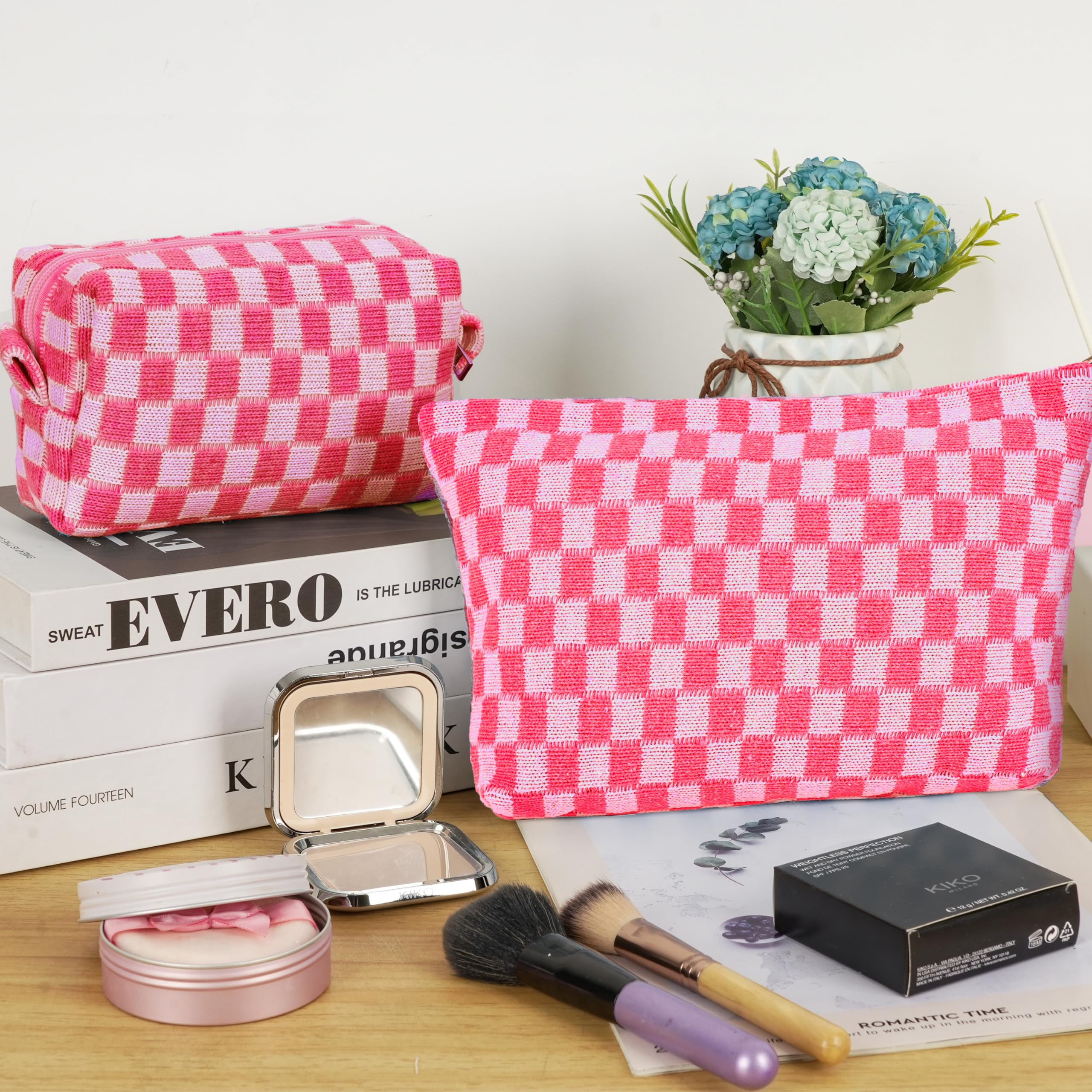 GUTGNK 2-Pack Makeup Bag For Women - Large Checkered Knitted Cosmetic Bags&Small Makeup Pouch Aesthetic Design Travel Toiletry Bag Skincare Bag Car Storage Bag With Zipper(Pink)