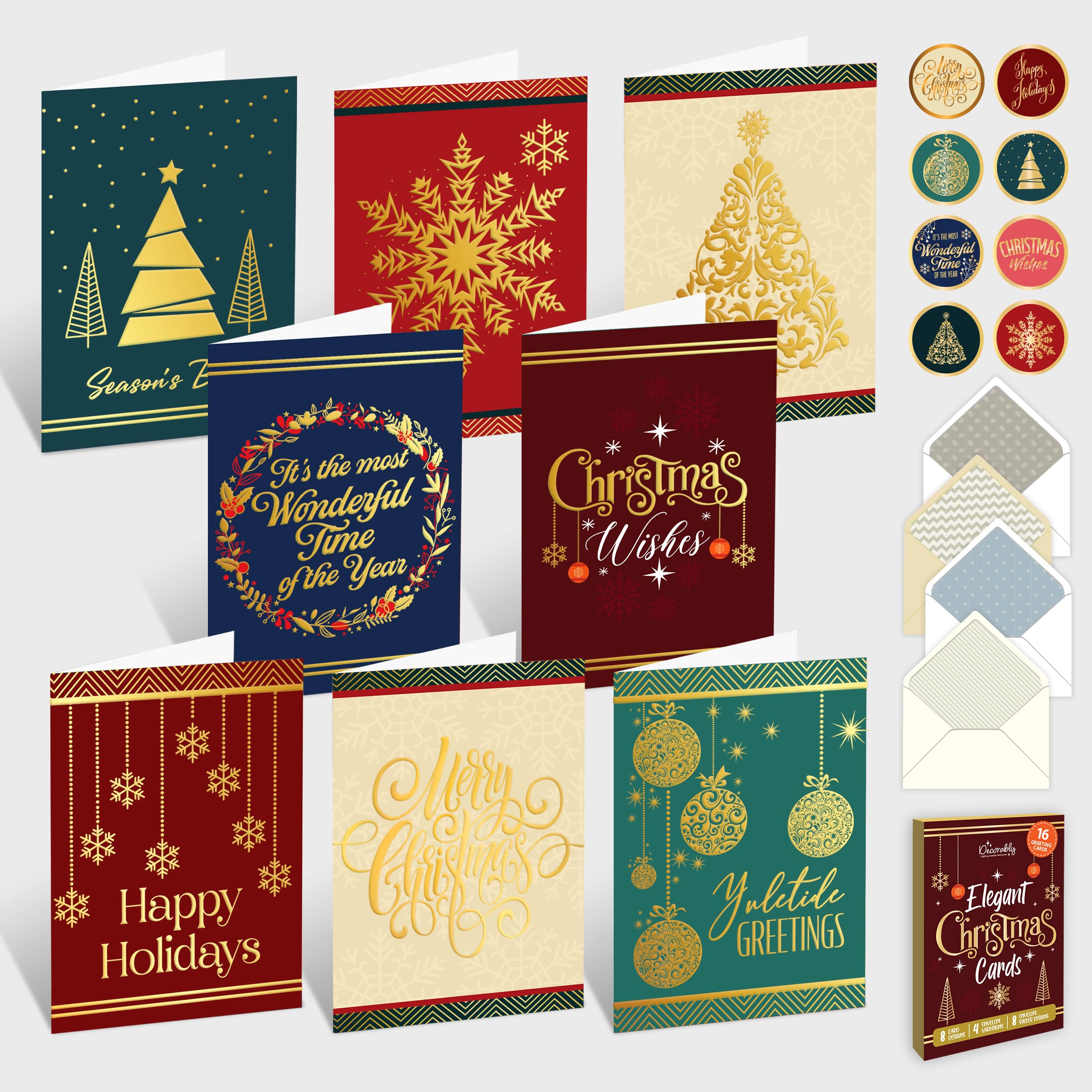 Decorably 16 Pack Foil Embossed Elegant Merry Christmas Cards with Envelopes & Stickers - 8 Designs with Printed Message High End Christmas Cards Boxed with Envelopes, 5x7in Boxed Christmas Cards