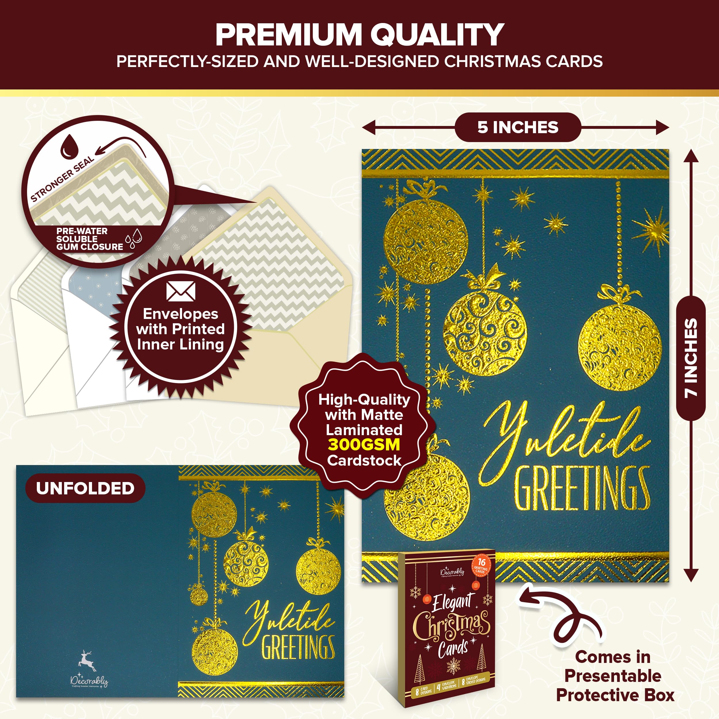 Decorably 16 Pack Foil Embossed Elegant Merry Christmas Cards with Envelopes & Stickers - 8 Designs with Printed Message High End Christmas Cards Boxed with Envelopes, 5x7in Boxed Christmas Cards