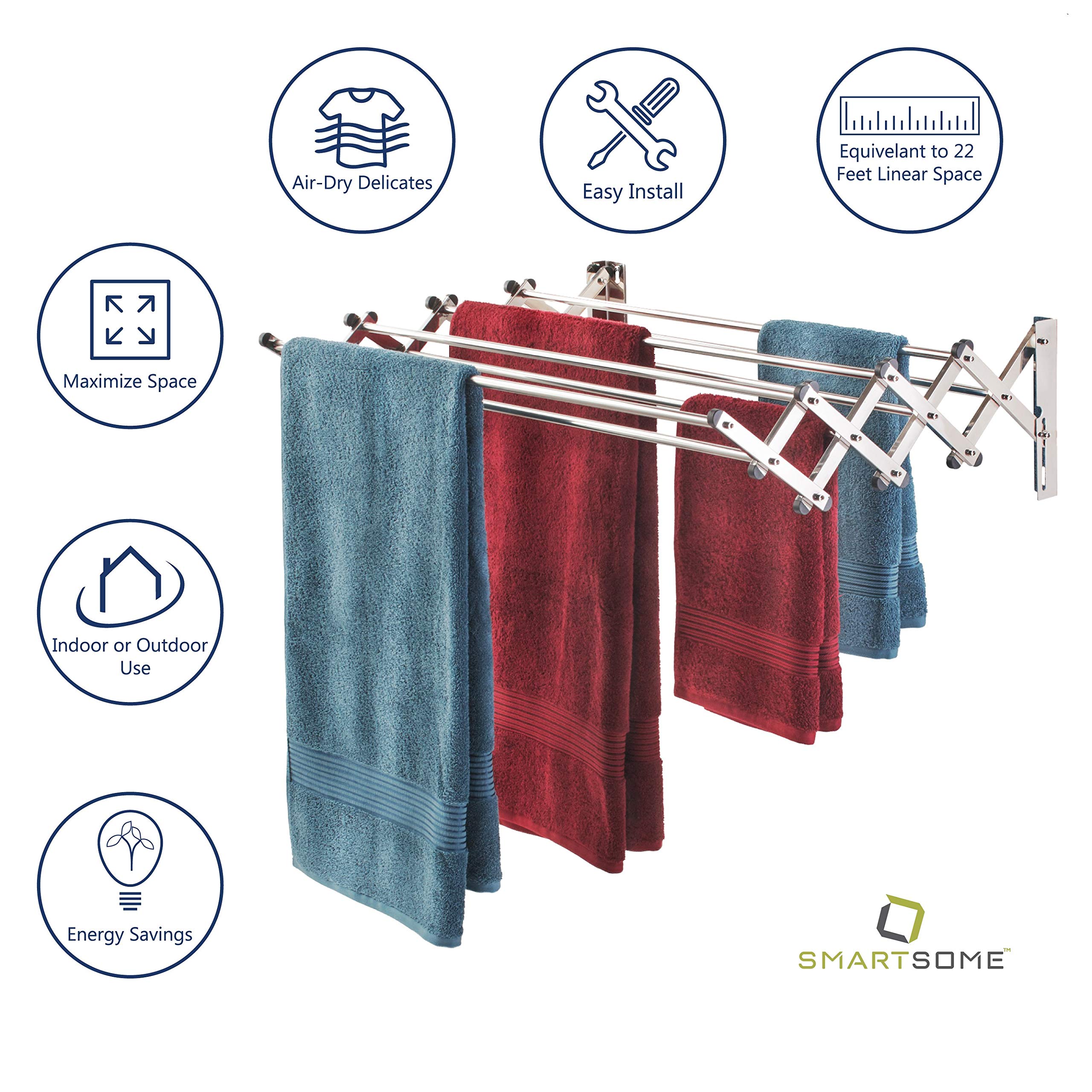 Smartsome Space Saver Fold Away Racks: Stainless Steel Wall Mounted Laundry Drying Rack, Easy To Install - 8 34" Rods, Total: 22.5 Linear Ft, 60 lb Capacity- Indoor and Outdoor Use