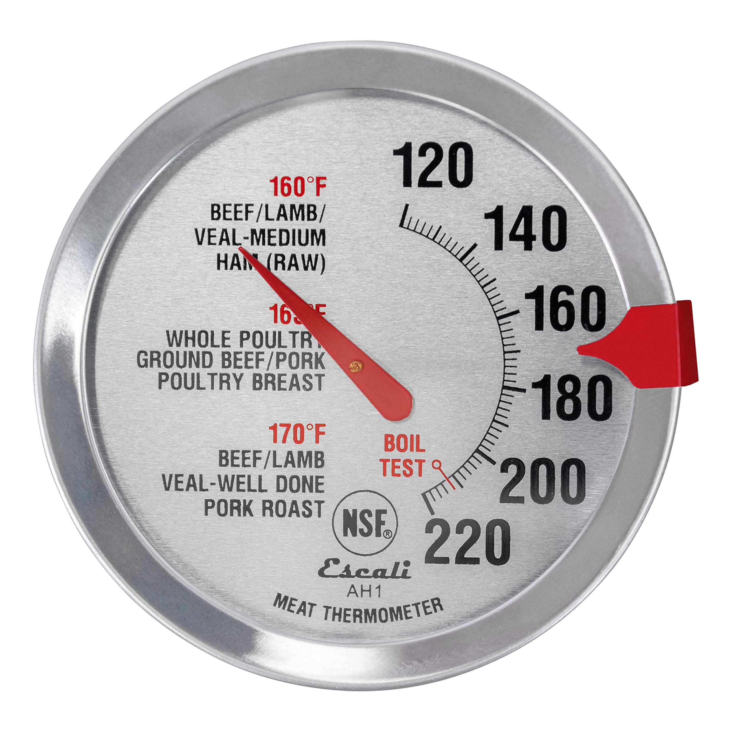 Escali AH1 Stainless Steel Oven Safe Meat Thermometer, Extra Large 2.5-inches Dial, Temperature Labeled for Beef, Poultry, Pork, and Veal Silver NSF Certified