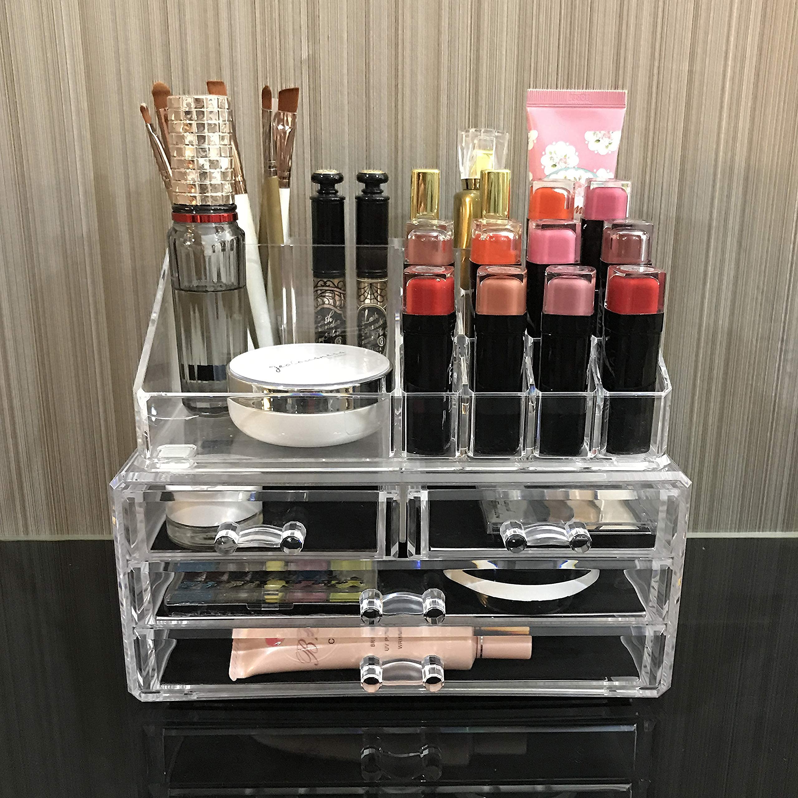 Ikee Design Acrylic Makeup Organizer with 4 Drawers and Removable Top Lipstick Holders, Ideal for Make-up or Accessories,Enhance Your Vanity or Bathroom with Clear Design for Quick Visibility