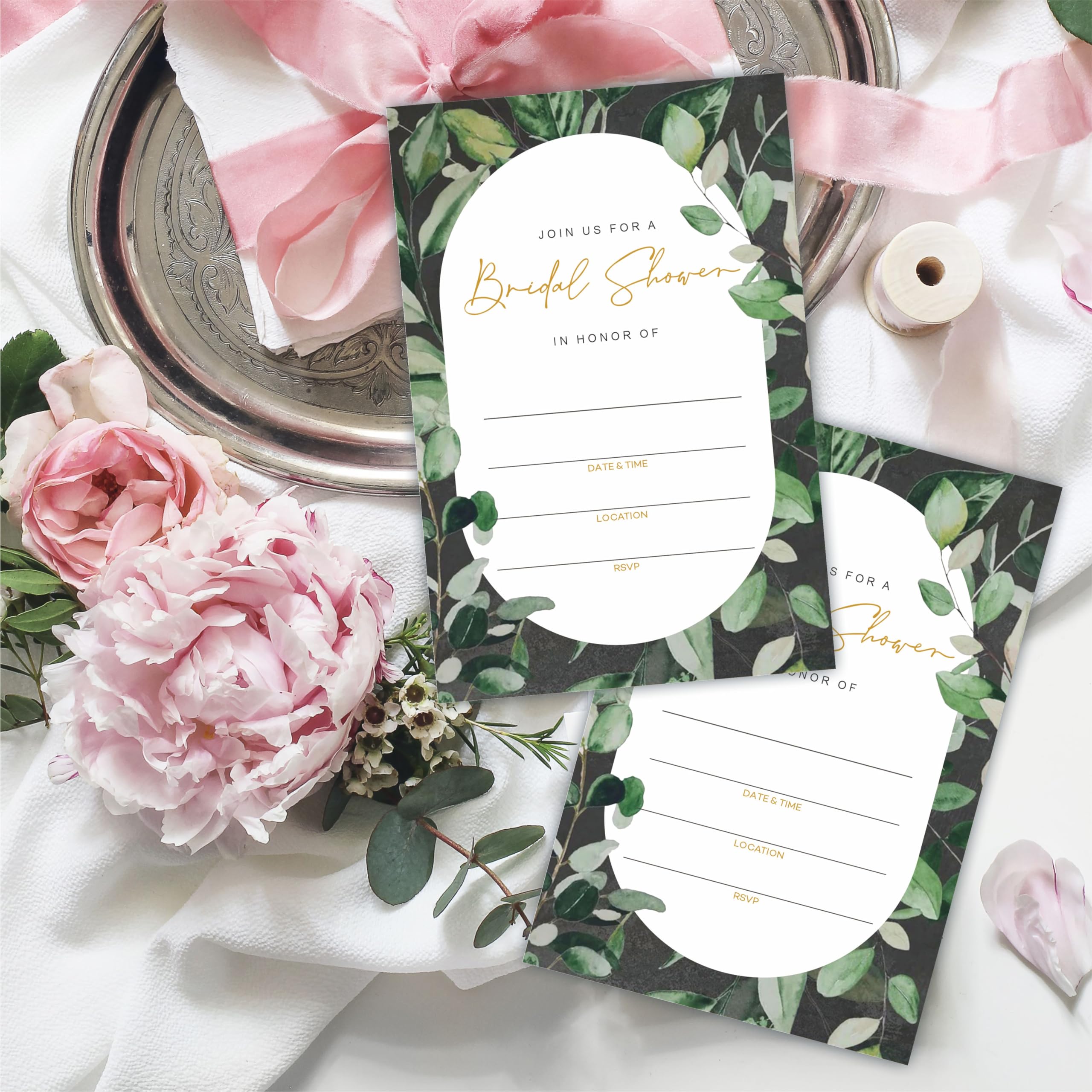 DYIRBIIY 25 Bridal Shower Invitation With Envelopes, Modern Greenery Oval Fill In Style Invitations For New Couples, Mr And Mrs, Newlyweds Invites, Party Favor & Supplies - A04