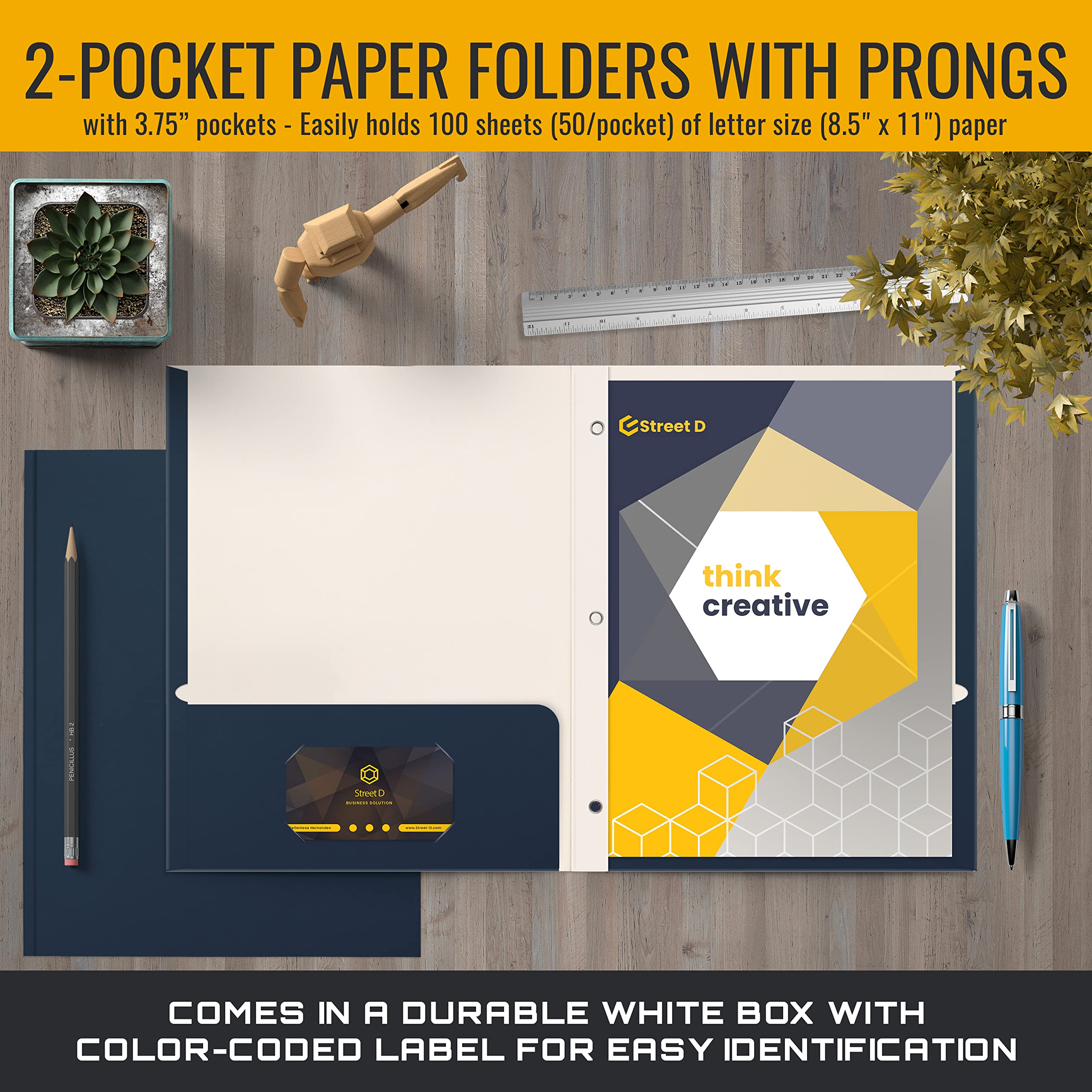 Better Office Products Navy Blue Paper 2 Pocket Folders with Prongs, 50 Pack, Matte Texture, Letter Size Paper Folders, 50 Pack, with 3 Metal Prong Fastener Clips, Dark Blue